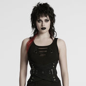 Cotton polyester viscose polyamide nylon-cording mesh mesh-paneling apparel top cincher corset underbust underbust-corset lace-up belted braided-cord cinching-cord braided-drawstring skull-tipped screw-head phillips-head cross-head zipper front-zip buckle-straps overlapping-straps double-prong prong-buckle contrast breathability structured-fit tailored bold fetish fashion alternative alt-fashion punk goth gothic gothic-doll industrial costume cosplay steampunk steam-punk female femme feminine womens black