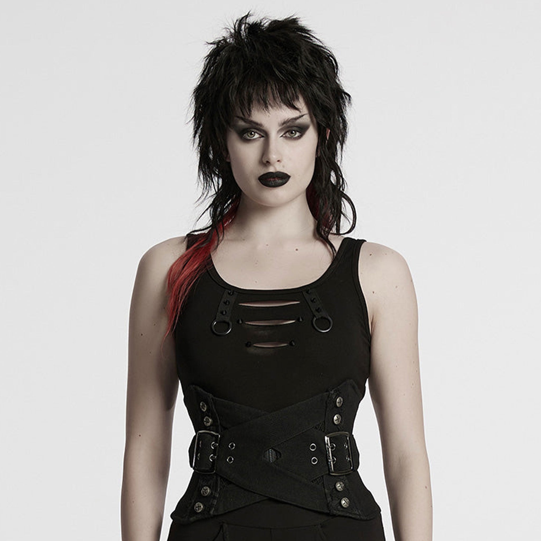 Cotton polyester viscose polyamide nylon-cording mesh mesh-paneling apparel top cincher corset underbust underbust-corset lace-up belted braided-cord cinching-cord braided-drawstring skull-tipped screw-head phillips-head cross-head zipper front-zip buckle-straps overlapping-straps double-prong prong-buckle contrast breathability structured-fit tailored bold fetish fashion alternative alt-fashion punk goth gothic gothic-doll industrial costume cosplay steampunk steam-punk female femme feminine womens black