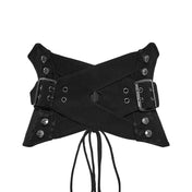 Cotton polyester viscose polyamide nylon-cording mesh mesh-paneling apparel top cincher corset underbust underbust-corset lace-up belted braided-cord cinching-cord braided-drawstring skull-tipped screw-head phillips-head cross-head zipper front-zip buckle-straps overlapping-straps double-prong prong-buckle contrast breathability structured-fit tailored bold fetish fashion alternative alt-fashion punk goth gothic gothic-doll industrial costume cosplay steampunk steam-punk female femme feminine womens black