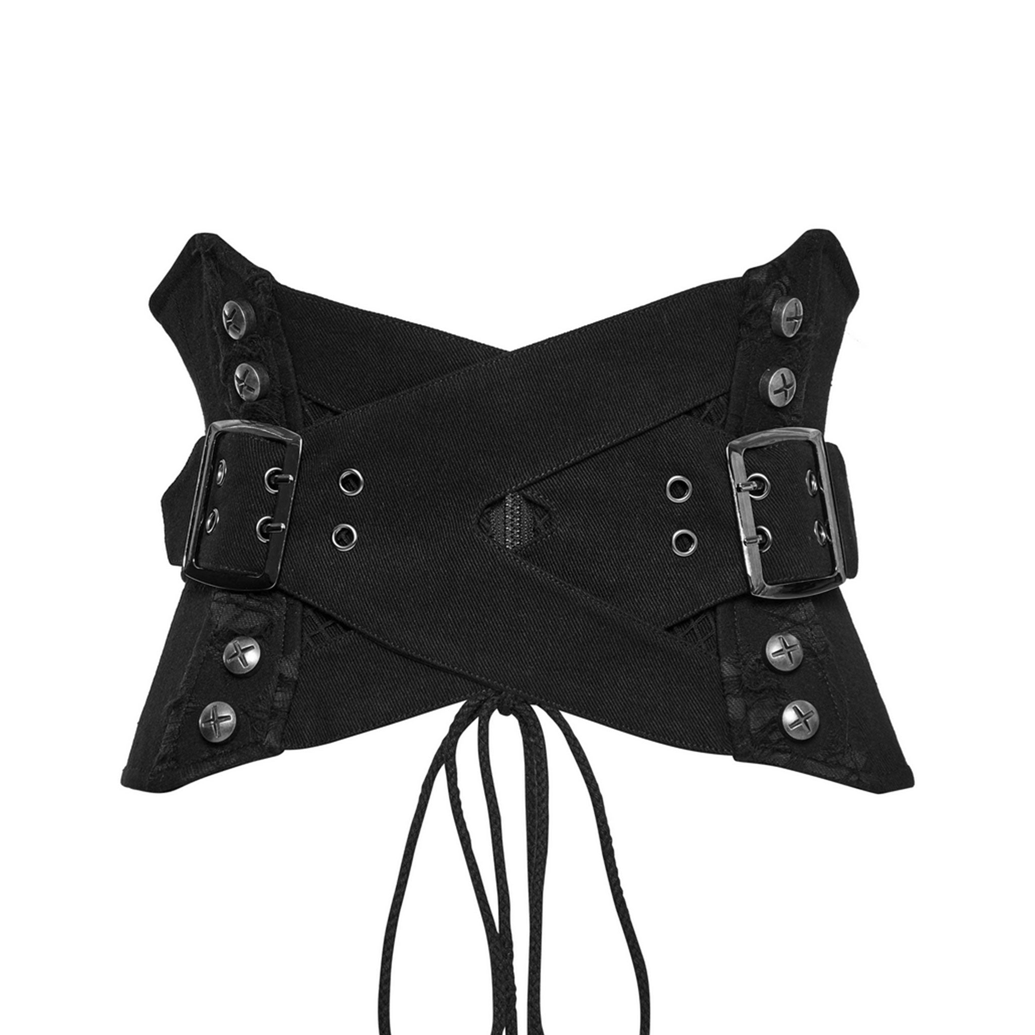 Cotton polyester viscose polyamide nylon-cording mesh mesh-paneling apparel top cincher corset underbust underbust-corset lace-up belted braided-cord cinching-cord braided-drawstring skull-tipped screw-head phillips-head cross-head zipper front-zip buckle-straps overlapping-straps double-prong prong-buckle contrast breathability structured-fit tailored bold fetish fashion alternative alt-fashion punk goth gothic gothic-doll industrial costume cosplay steampunk steam-punk female femme feminine womens black