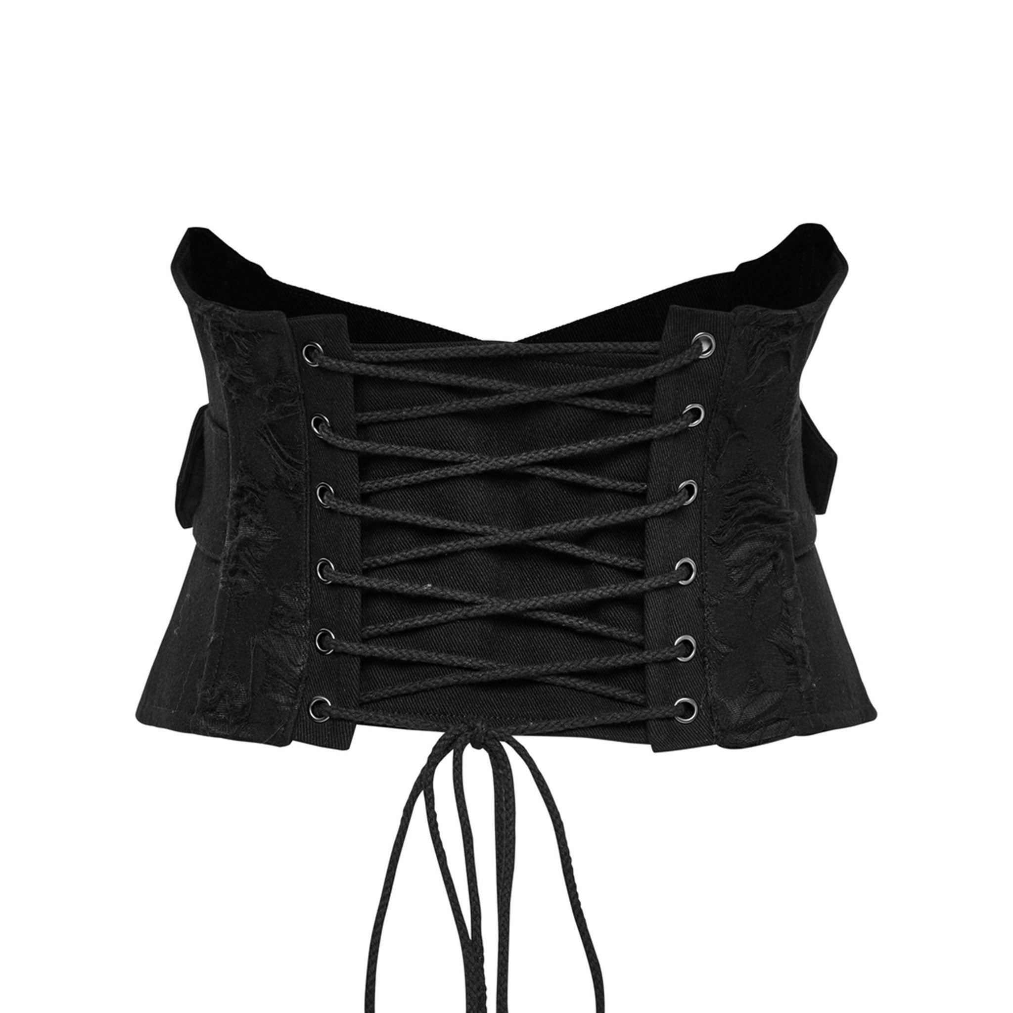 Cotton polyester viscose polyamide nylon-cording mesh mesh-paneling apparel top cincher corset underbust underbust-corset lace-up belted braided-cord cinching-cord braided-drawstring skull-tipped screw-head phillips-head cross-head zipper front-zip buckle-straps overlapping-straps double-prong prong-buckle contrast breathability structured-fit tailored bold fetish fashion alternative alt-fashion punk goth gothic gothic-doll industrial costume cosplay steampunk steam-punk female femme feminine womens black