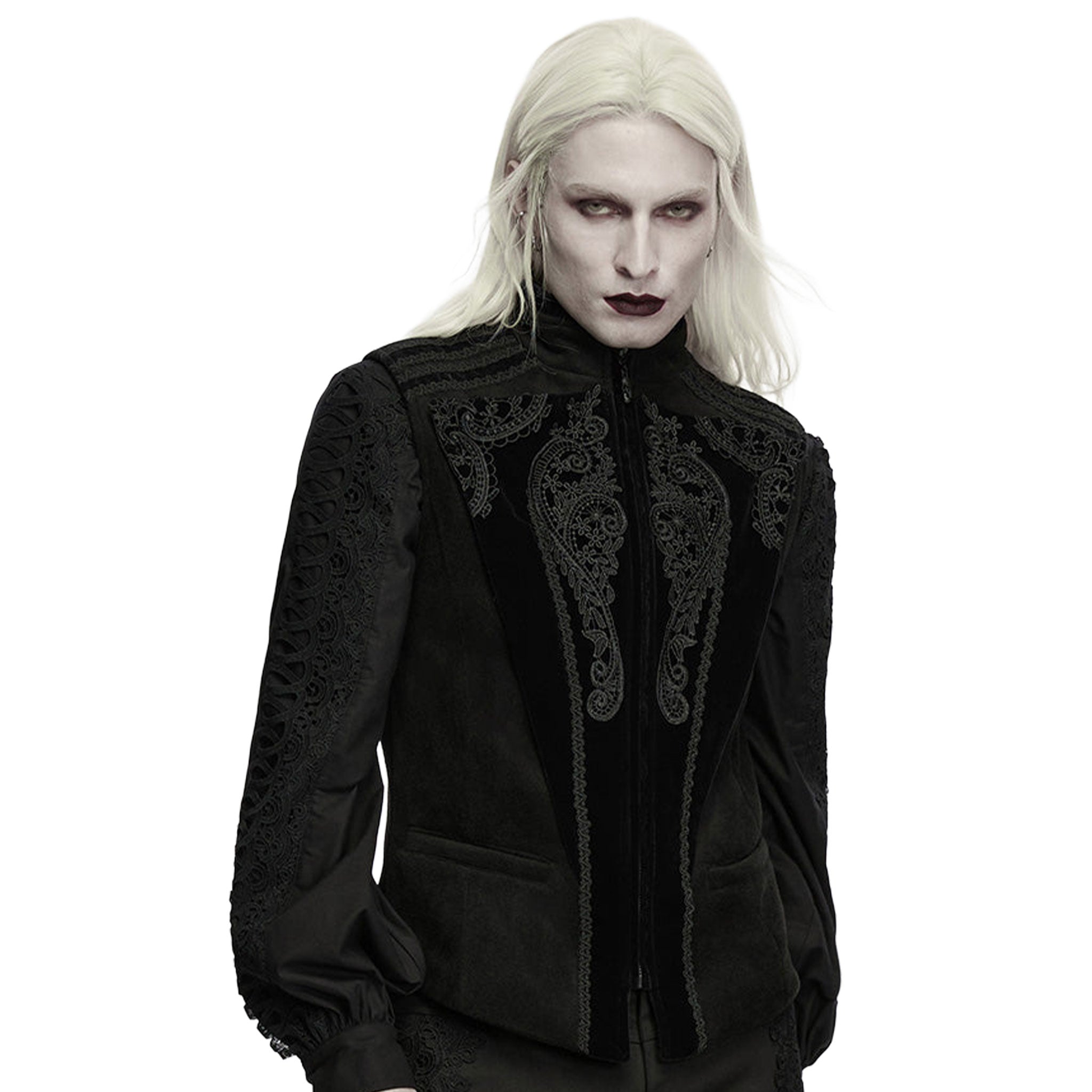 Velvet polyester cotton lace jacquard apparel outerwear vest lining sleeveless lace-applique embroidery high-collar ruffled-edge zipper front-zip full-zip adjustable buckle regal sophisticated exquisite baroque elegant dramatic slim-fit comfortable form-flattering theatrical fashion alt-fashion alternative goth gothic renaissance festival renfaire dark roleplay role-play noble prince vampire aristocrat costume cosplay halloween afterdark-collection male masculine masc mens menswear guys dudes black