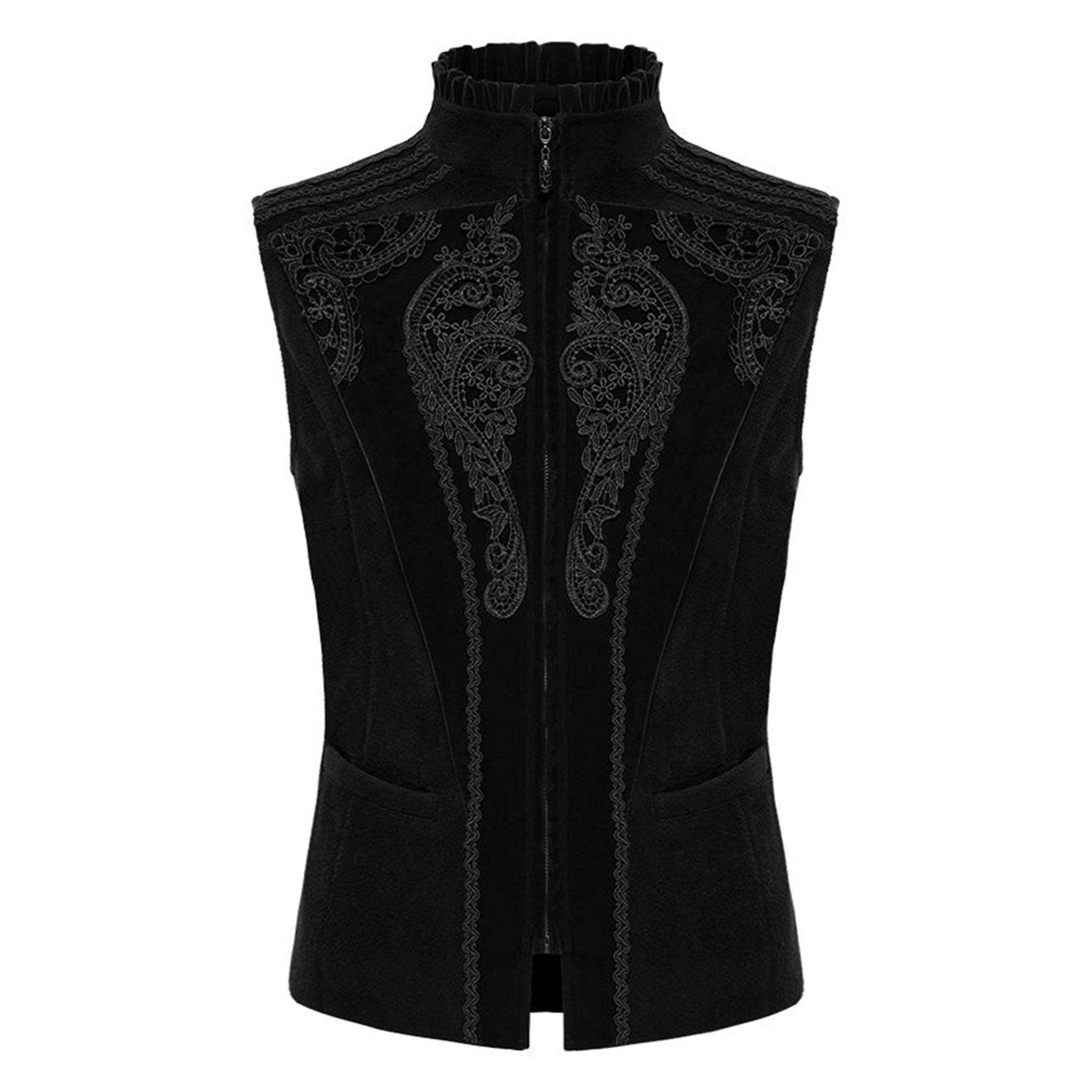 Velvet polyester cotton lace jacquard apparel outerwear vest lining sleeveless lace-applique embroidery high-collar ruffled-edge zipper front-zip full-zip adjustable buckle regal sophisticated exquisite baroque elegant dramatic slim-fit comfortable form-flattering theatrical fashion alt-fashion alternative goth gothic renaissance festival renfaire dark roleplay role-play noble prince vampire aristocrat costume cosplay halloween afterdark-collection male masculine masc mens menswear guys dudes black