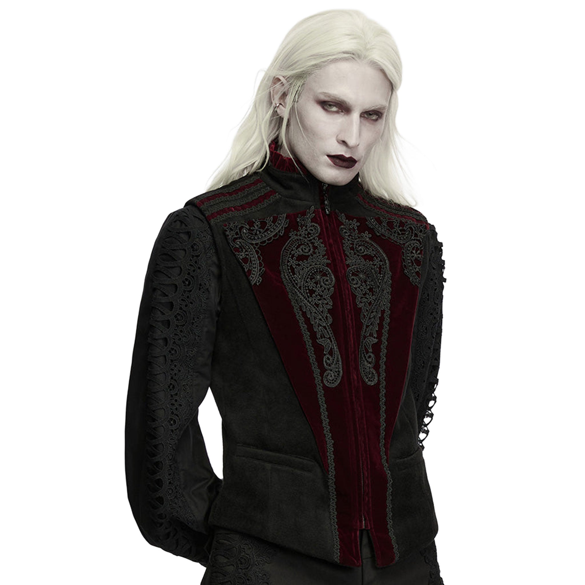 Velvet polyester cotton lace jacquard apparel outerwear vest lining sleeveless lace-applique embroidery high-collar ruffled-edge zipper front-zip full-zip adjustable buckle regal sophisticated exquisite baroque elegant dramatic slim-fit comfortable form-flattering theatrical fashion alt-fashion alternative goth gothic renaissance festival renfaire dark roleplay role-play noble prince vampire aristocrat costume cosplay halloween afterdark-collection male masculine masc mens menswear guys dudes red-black