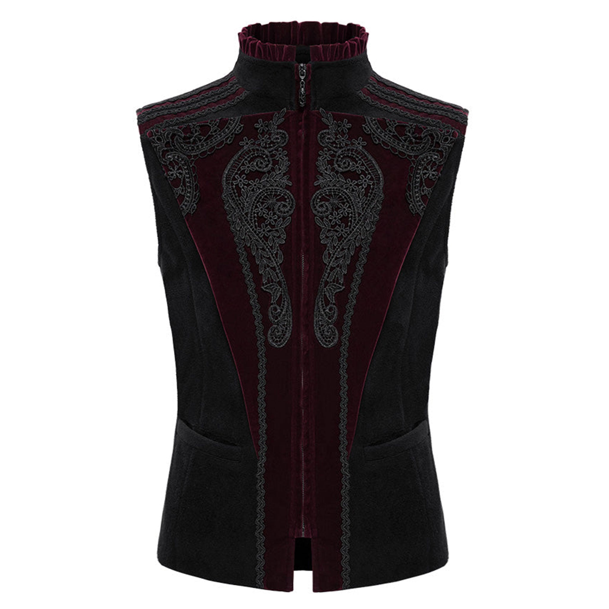 Velvet polyester cotton lace jacquard apparel outerwear vest lining sleeveless lace-applique embroidery high-collar ruffled-edge zipper front-zip full-zip adjustable buckle regal sophisticated exquisite baroque elegant dramatic slim-fit comfortable form-flattering theatrical fashion alt-fashion alternative goth gothic renaissance festival renfaire dark roleplay role-play noble prince vampire aristocrat costume cosplay halloween afterdark-collection male masculine masc mens menswear guys dudes red-black