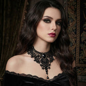 Acrylic-gem lace accessories neckwear jewelry choker necklace lacy over-sized jewel gem fascinator embedded-jewels adjustable lobster-clasp dark edgy vintage comfortable intricate versatile glam glamour glamorous chic fashion alt-fashion alternative goth gothic baroque casual formal fancy bondage bdsm bdsm-gear bdsm-fashion costume cosplay halloween holiday-gifts gifts female femme feminine womens black