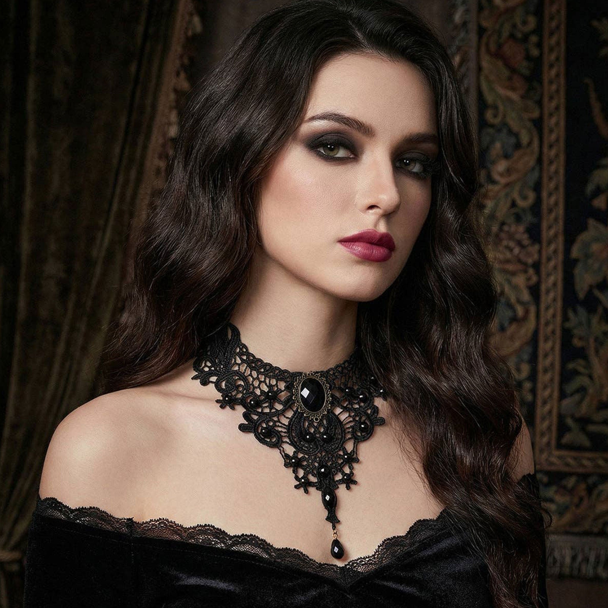 Acrylic-gem lace accessories neckwear jewelry choker necklace lacy over-sized jewel gem fascinator embedded-jewels adjustable lobster-clasp dark edgy vintage comfortable intricate versatile glam glamour glamorous chic fashion alt-fashion alternative goth gothic baroque casual formal fancy bondage bdsm bdsm-gear bdsm-fashion costume cosplay halloween holiday-gifts gifts female femme feminine womens black
