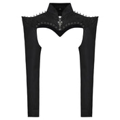 Denim elastic embossed top jacket bolero fitted long-sleeve long sleeve sleeved front zip zipper mandarin collar costume cosplay pointed pointy spike spikes shoulders curved upturned eyelets goth gothic fashion alt-fashion black