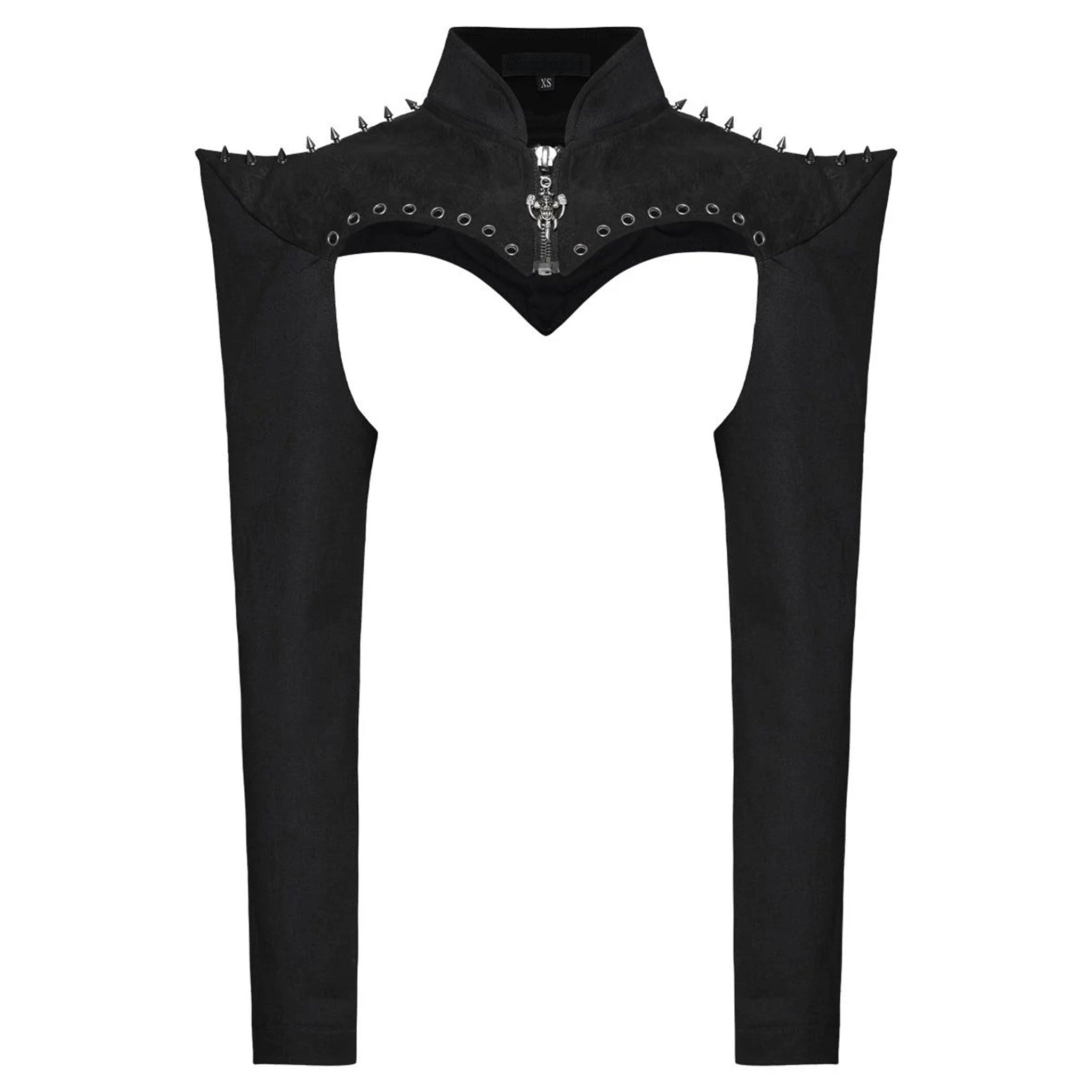 Denim elastic embossed top jacket bolero fitted long-sleeve long sleeve sleeved front zip zipper mandarin collar costume cosplay pointed pointy spike spikes shoulders curved upturned eyelets goth gothic fashion alt-fashion black