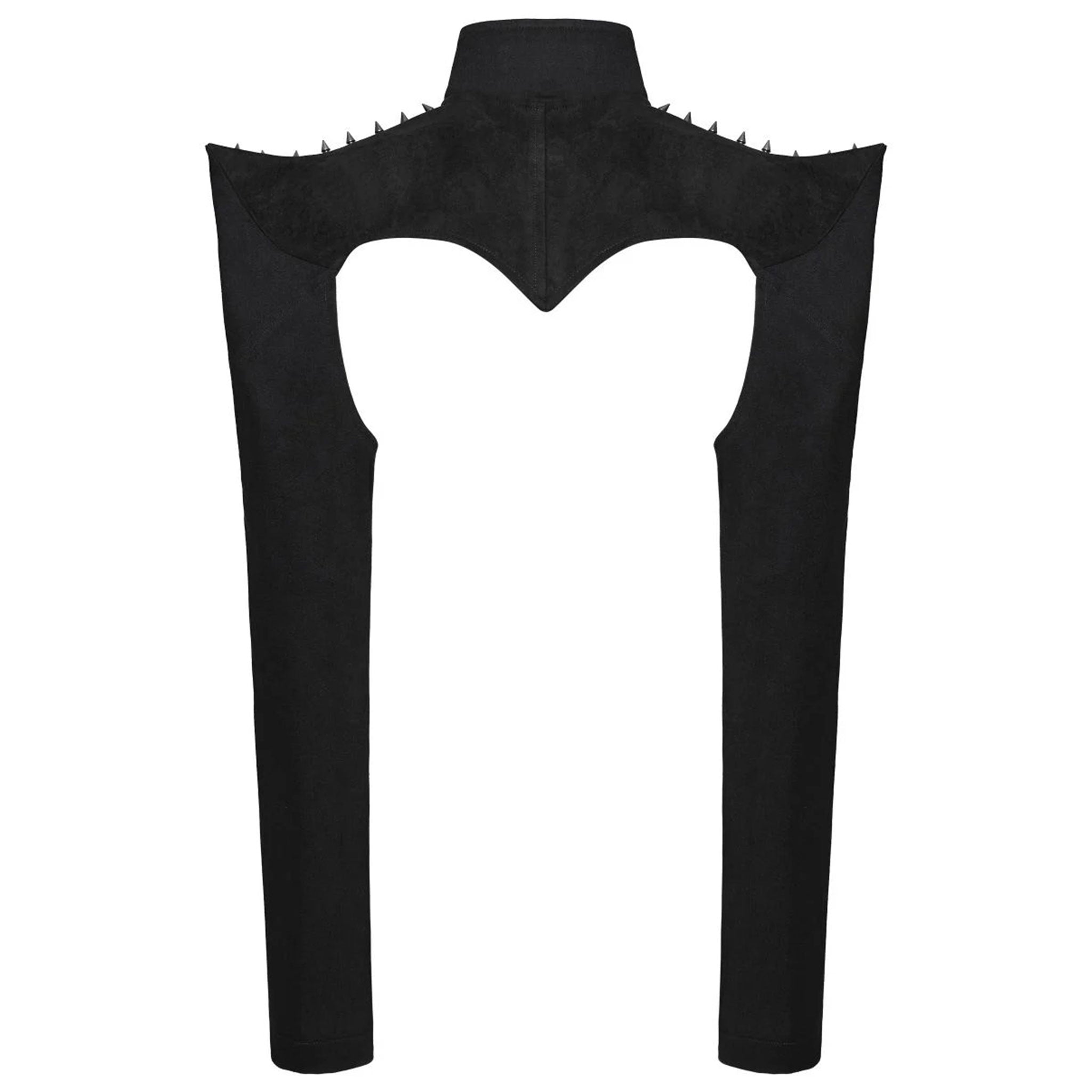 Denim elastic embossed top jacket bolero fitted long-sleeve long sleeve sleeved front zip zipper mandarin collar costume cosplay pointed pointy spike spikes shoulders curved upturned eyelets goth gothic fashion alt-fashion black