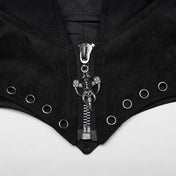 Denim elastic embossed top jacket bolero fitted long-sleeve long sleeve sleeved front zip zipper mandarin collar costume cosplay pointed pointy spike spikes shoulders curved upturned eyelets goth gothic fashion alt-fashion black