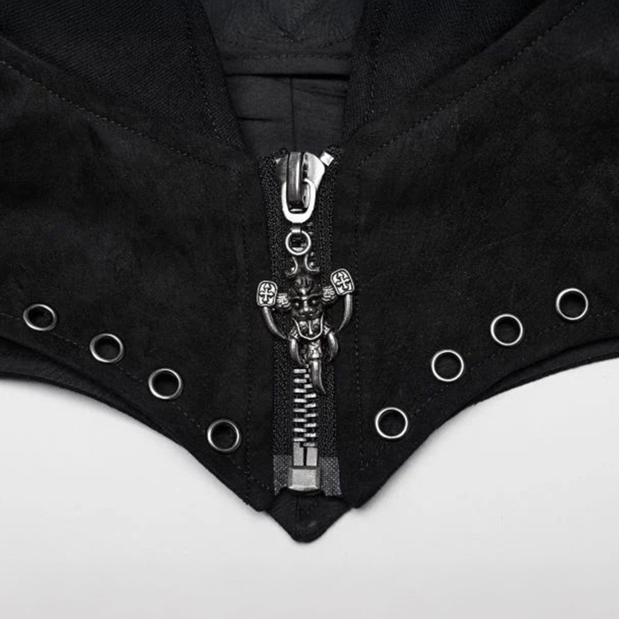 Denim elastic embossed top jacket bolero fitted long-sleeve long sleeve sleeved front zip zipper mandarin collar costume cosplay pointed pointy spike spikes shoulders curved upturned eyelets goth gothic fashion alt-fashion black