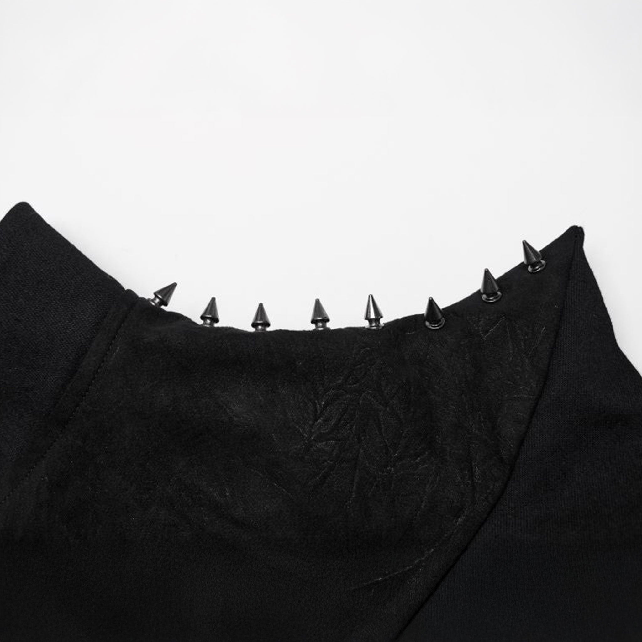 Denim elastic embossed top jacket bolero fitted long-sleeve long sleeve sleeved front zip zipper mandarin collar costume cosplay pointed pointy spike spikes shoulders curved upturned eyelets goth gothic fashion alt-fashion black
