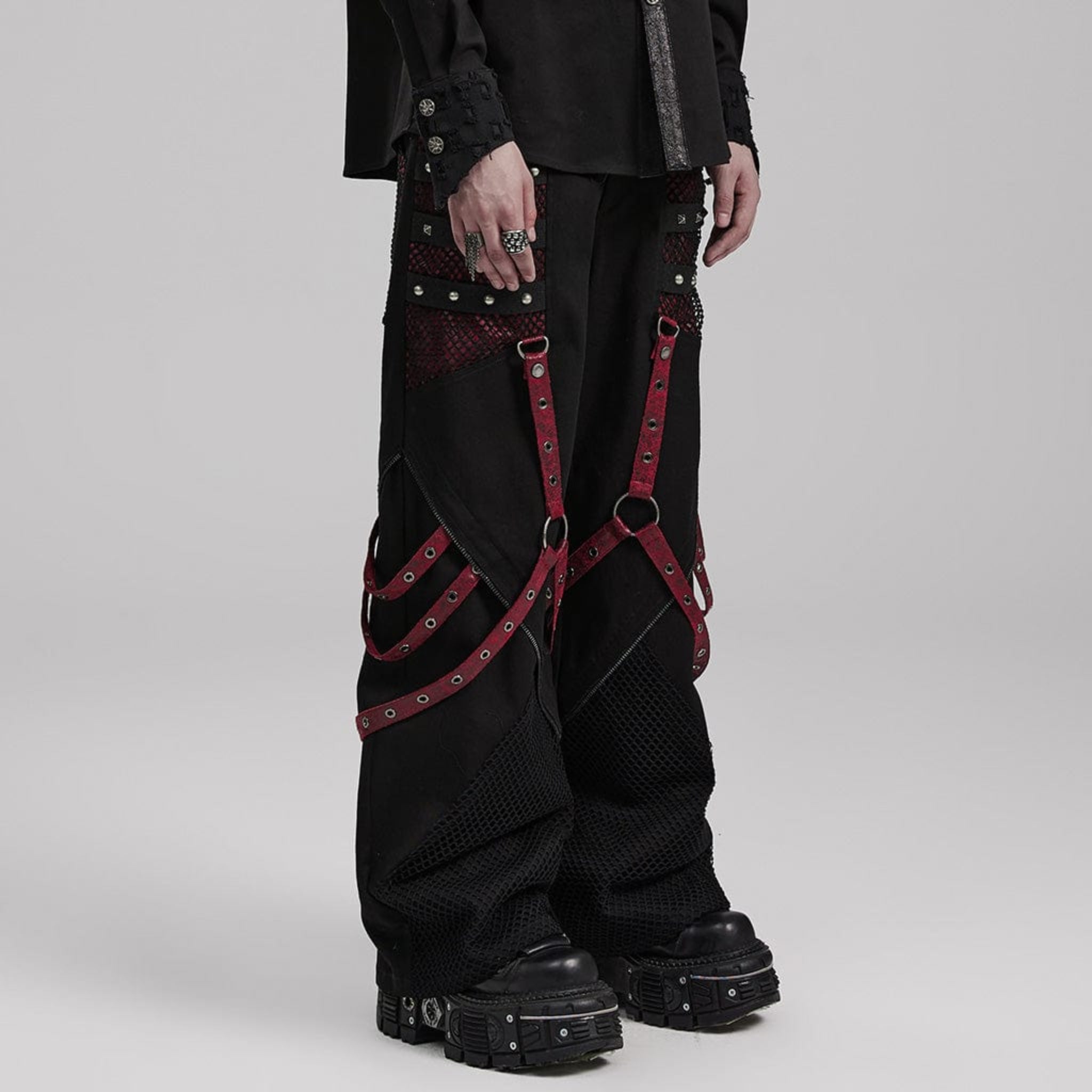 gothic punk pants black red strap rivet detailing wide leg detachable faux leather tabs cotton ribbon metal studs mesh solid fabric gothic fashion fetish factory