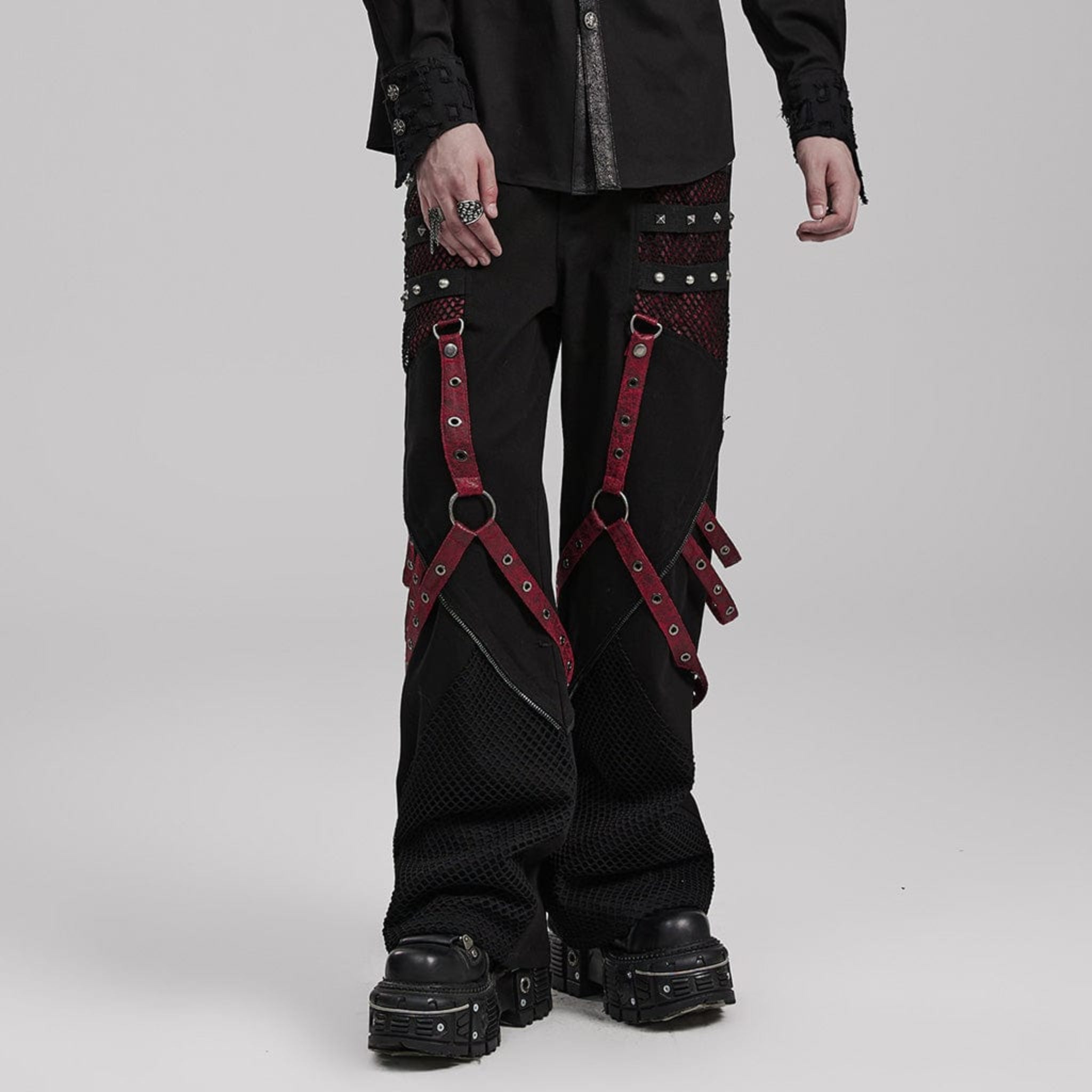 gothic punk pants black red strap rivet detailing wide leg detachable faux leather tabs cotton ribbon metal studs mesh solid fabric gothic fashion fetish factory