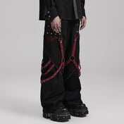 gothic punk pants black red strap rivet detailing wide leg detachable faux leather tabs cotton ribbon metal studs mesh solid fabric gothic fashion fetish factory