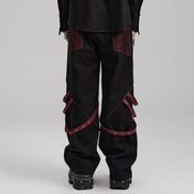 gothic punk pants black red strap rivet detailing wide leg detachable faux leather tabs cotton ribbon metal studs mesh solid fabric gothic fashion fetish factory