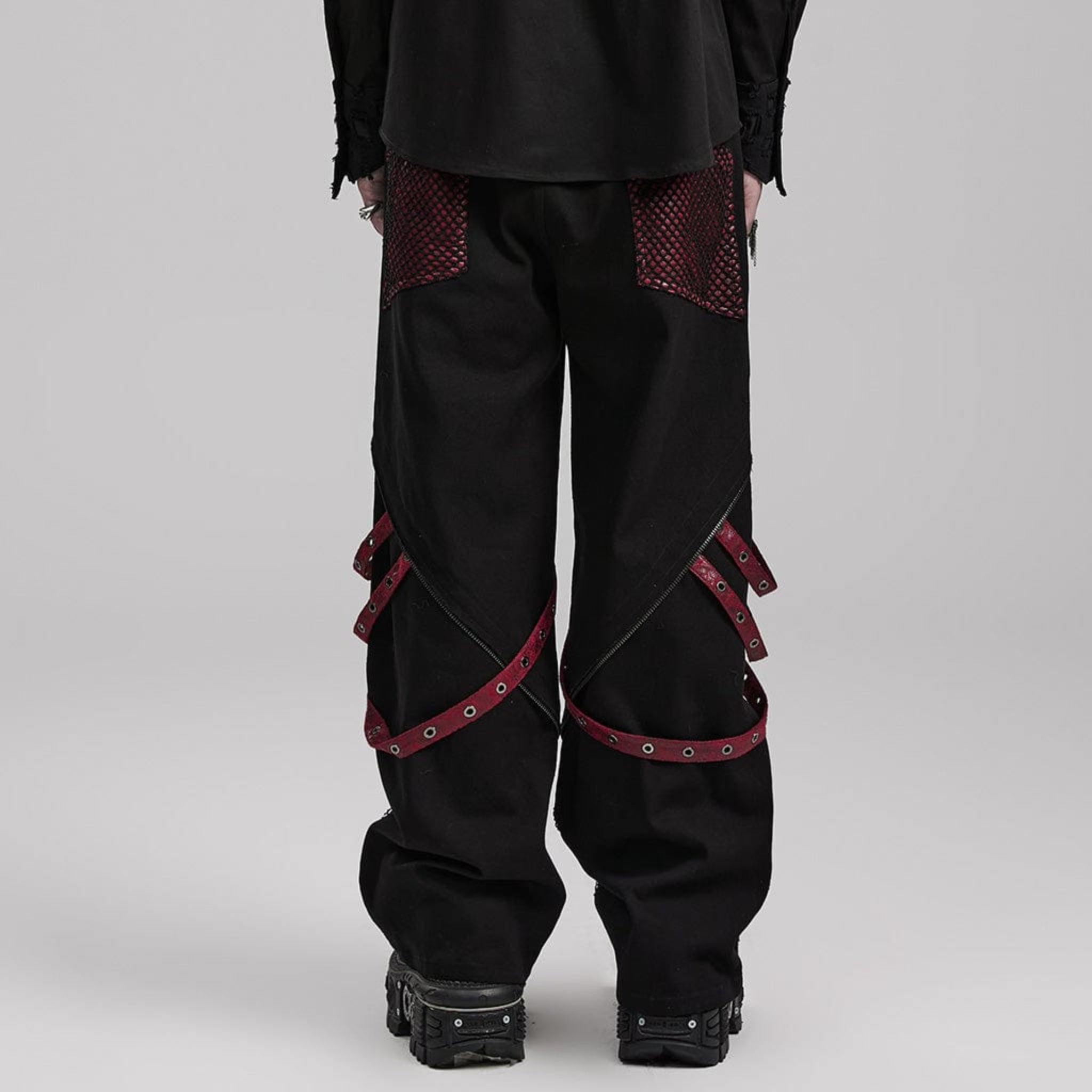 gothic punk pants black red strap rivet detailing wide leg detachable faux leather tabs cotton ribbon metal studs mesh solid fabric gothic fashion fetish factory