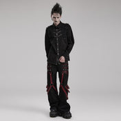 gothic punk pants black red strap rivet detailing wide leg detachable faux leather tabs cotton ribbon metal studs mesh solid fabric gothic fashion fetish factory
