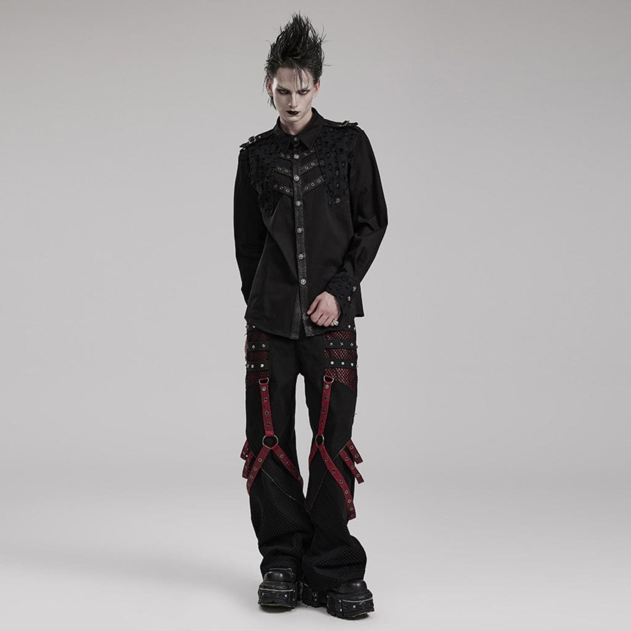 gothic punk pants black red strap rivet detailing wide leg detachable faux leather tabs cotton ribbon metal studs mesh solid fabric gothic fashion fetish factory