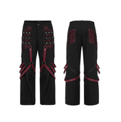 gothic punk pants black red strap rivet detailing wide leg detachable faux leather tabs cotton ribbon metal studs mesh solid fabric gothic fashion fetish factory