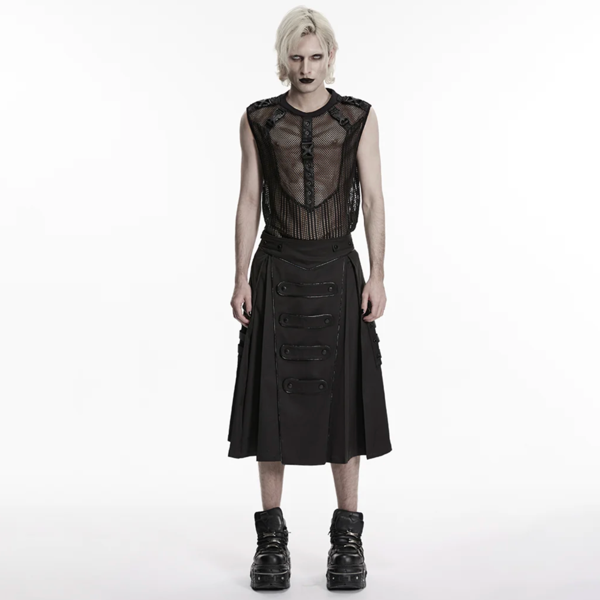 gothic punk skirt black military straps buckle details functional pockets a line silhouette polyester alternative fashion edgy gothic clothing punk skirt structured fit military inspired design