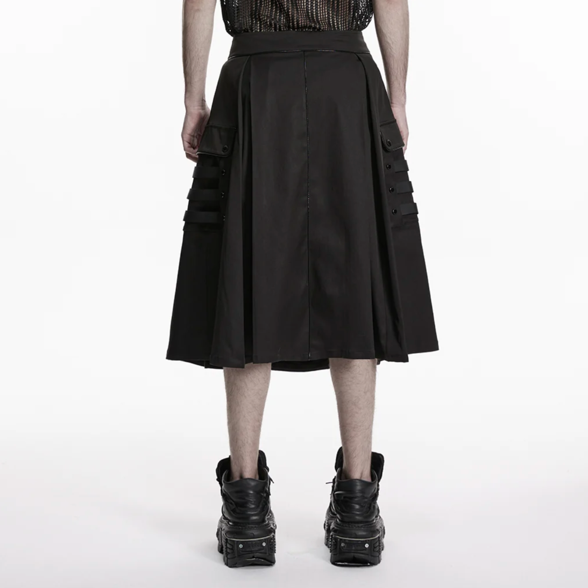 gothic punk skirt black military straps buckle details functional pockets a line silhouette polyester alternative fashion edgy gothic clothing punk skirt structured fit military inspired design