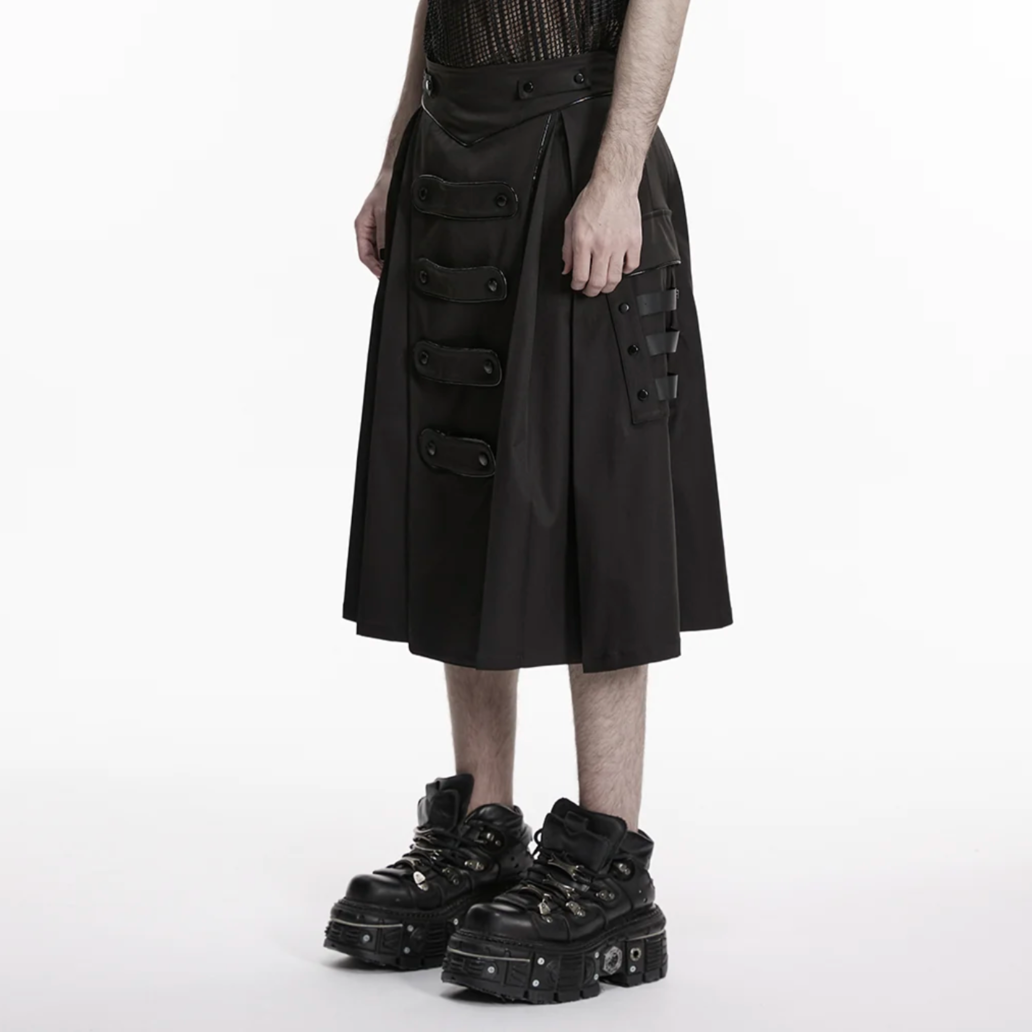 gothic punk skirt black military straps buckle details functional pockets a line silhouette polyester alternative fashion edgy gothic clothing punk skirt structured fit military inspired design