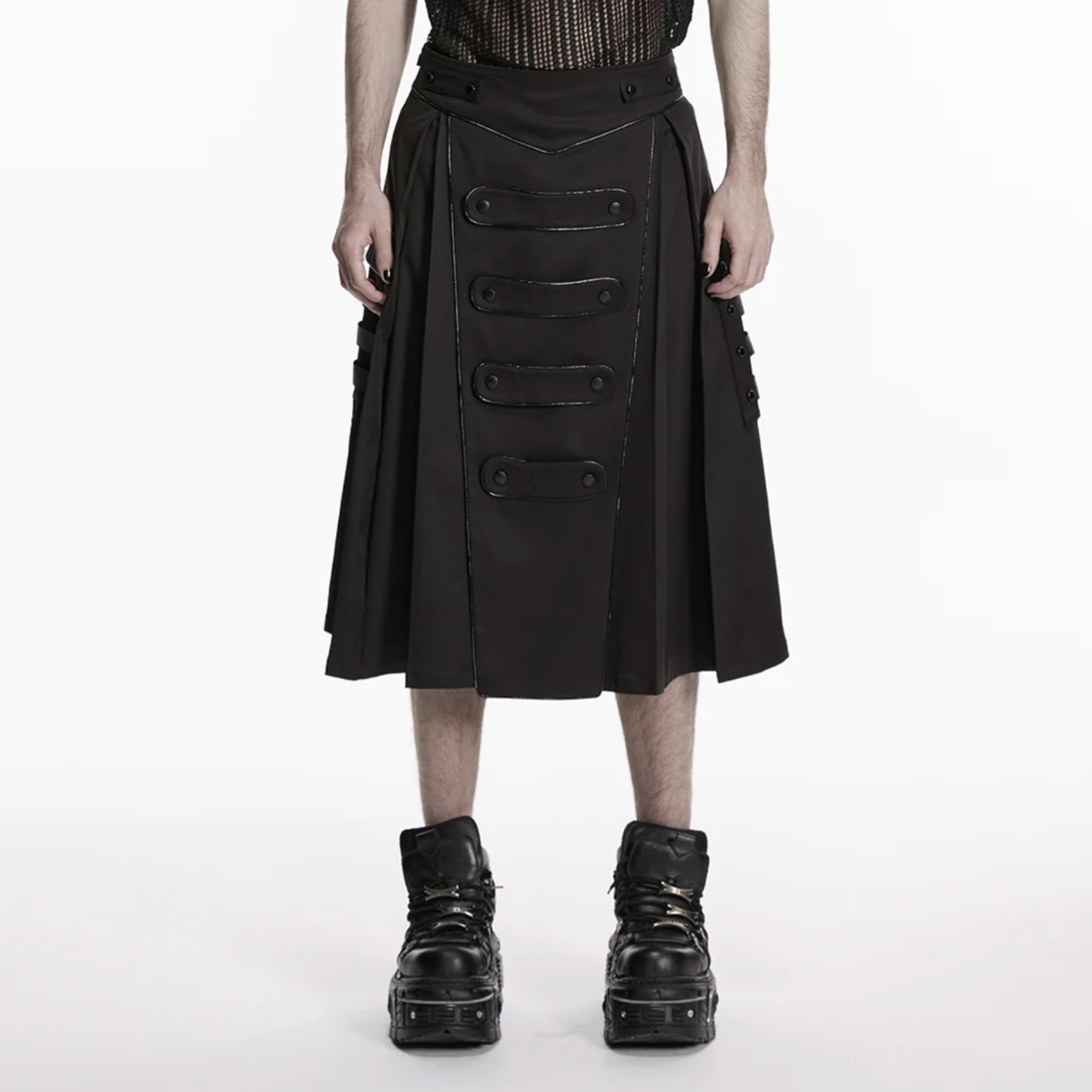 gothic punk skirt black military straps buckle details functional pockets a line silhouette polyester alternative fashion edgy gothic clothing punk skirt structured fit military inspired design