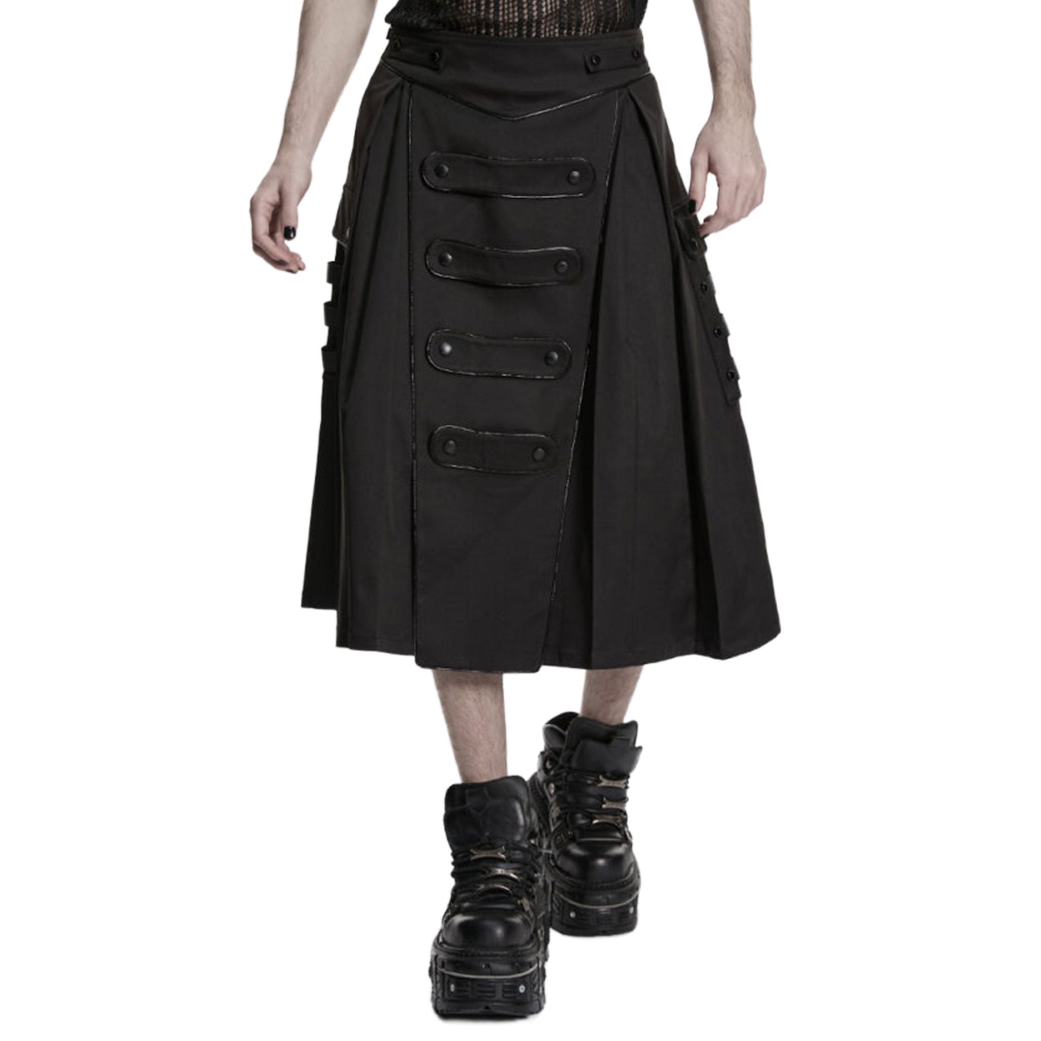 Polyester elastane apparel bottoms skirt A-line kilt webbing-straps cargo-pockets utility-pockets snap-button press-stud structured-fit zipper side-zip edgy comfortable versatile flattering loose draping avant-garde durable slim-fit fetish fashion alt-fashion alternative punk goth gothic cyber cyberpunk retro roleplay role-play drum-major drum-majorette marching-band military-inspired costume cosplay halloween black-parade afterdark-collection unisex gender-affirming black