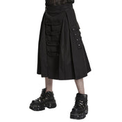Polyester elastane apparel bottoms skirt A-line kilt webbing-straps cargo-pockets utility-pockets snap-button press-stud structured-fit zipper side-zip edgy comfortable versatile flattering loose draping avant-garde durable slim-fit fetish fashion alt-fashion alternative punk goth gothic cyber cyberpunk retro roleplay role-play drum-major drum-majorette marching-band military-inspired costume cosplay halloween black-parade afterdark-collection unisex gender-affirming black