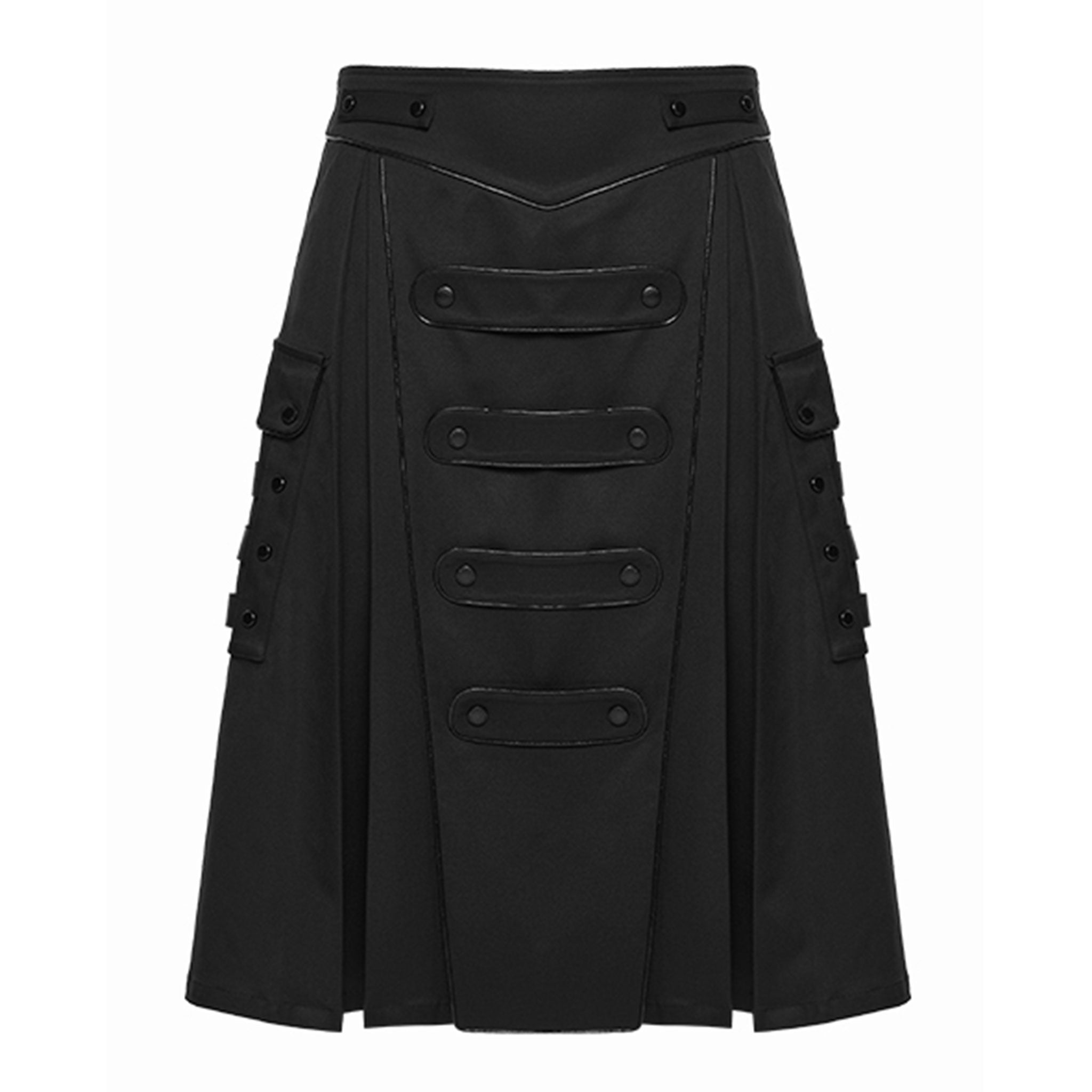 Polyester elastane apparel bottoms skirt A-line kilt webbing-straps cargo-pockets utility-pockets snap-button press-stud structured-fit zipper side-zip edgy comfortable versatile flattering loose draping avant-garde durable slim-fit fetish fashion alt-fashion alternative punk goth gothic cyber cyberpunk retro roleplay role-play drum-major drum-majorette marching-band military-inspired costume cosplay halloween black-parade afterdark-collection unisex gender-affirming black