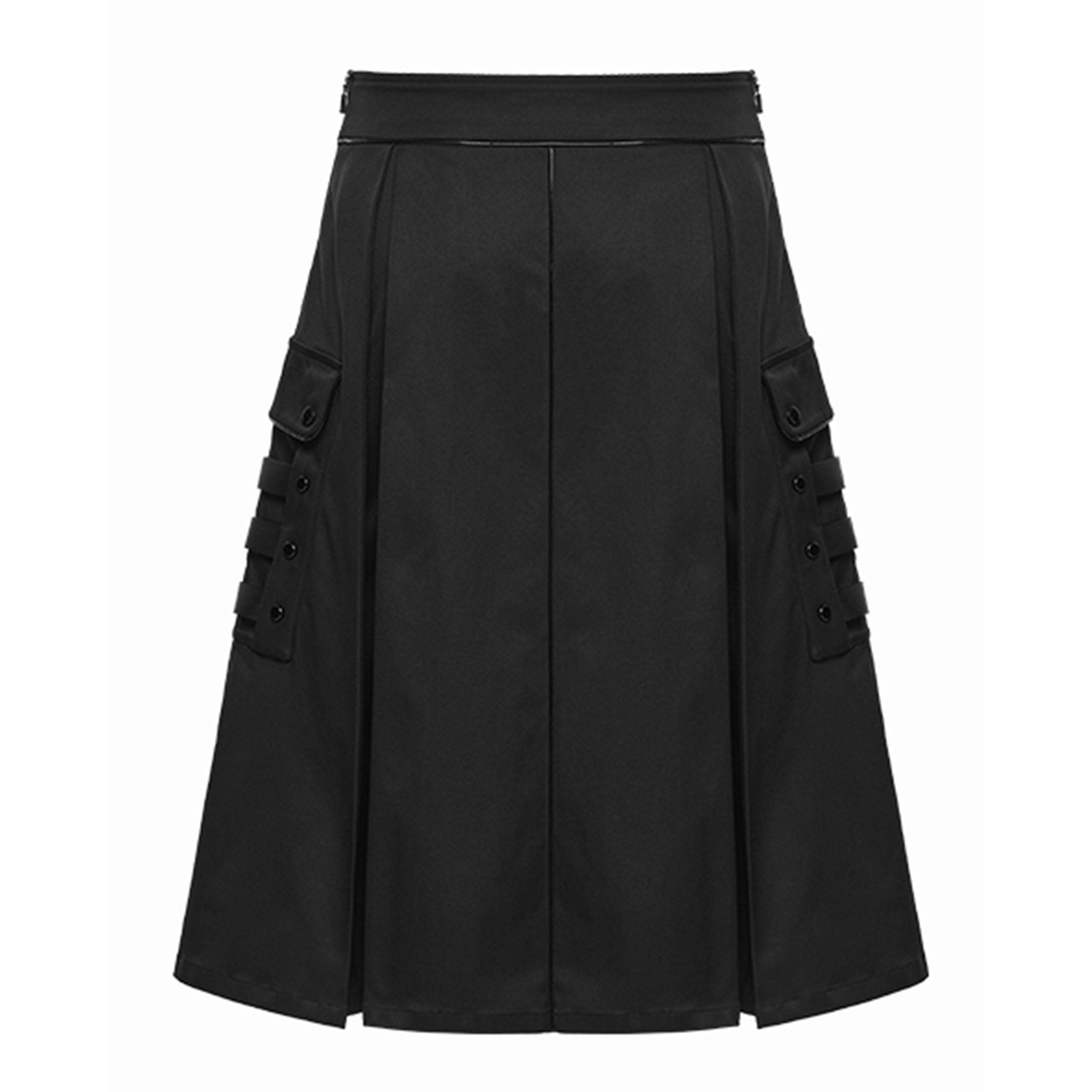 Polyester elastane apparel bottoms skirt A-line kilt webbing-straps cargo-pockets utility-pockets snap-button press-stud structured-fit zipper side-zip edgy comfortable versatile flattering loose draping avant-garde durable slim-fit fetish fashion alt-fashion alternative punk goth gothic cyber cyberpunk retro roleplay role-play drum-major drum-majorette marching-band military-inspired costume cosplay halloween black-parade afterdark-collection unisex gender-affirming black