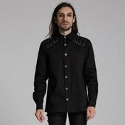 gothic black punk shirt rivet shirt button-up kent collar diamond shoulder pattern silver rivets d-rings press stud long sleeve waisted fit elastic fabric dark alternative fashion goth clothing edgy streetwear