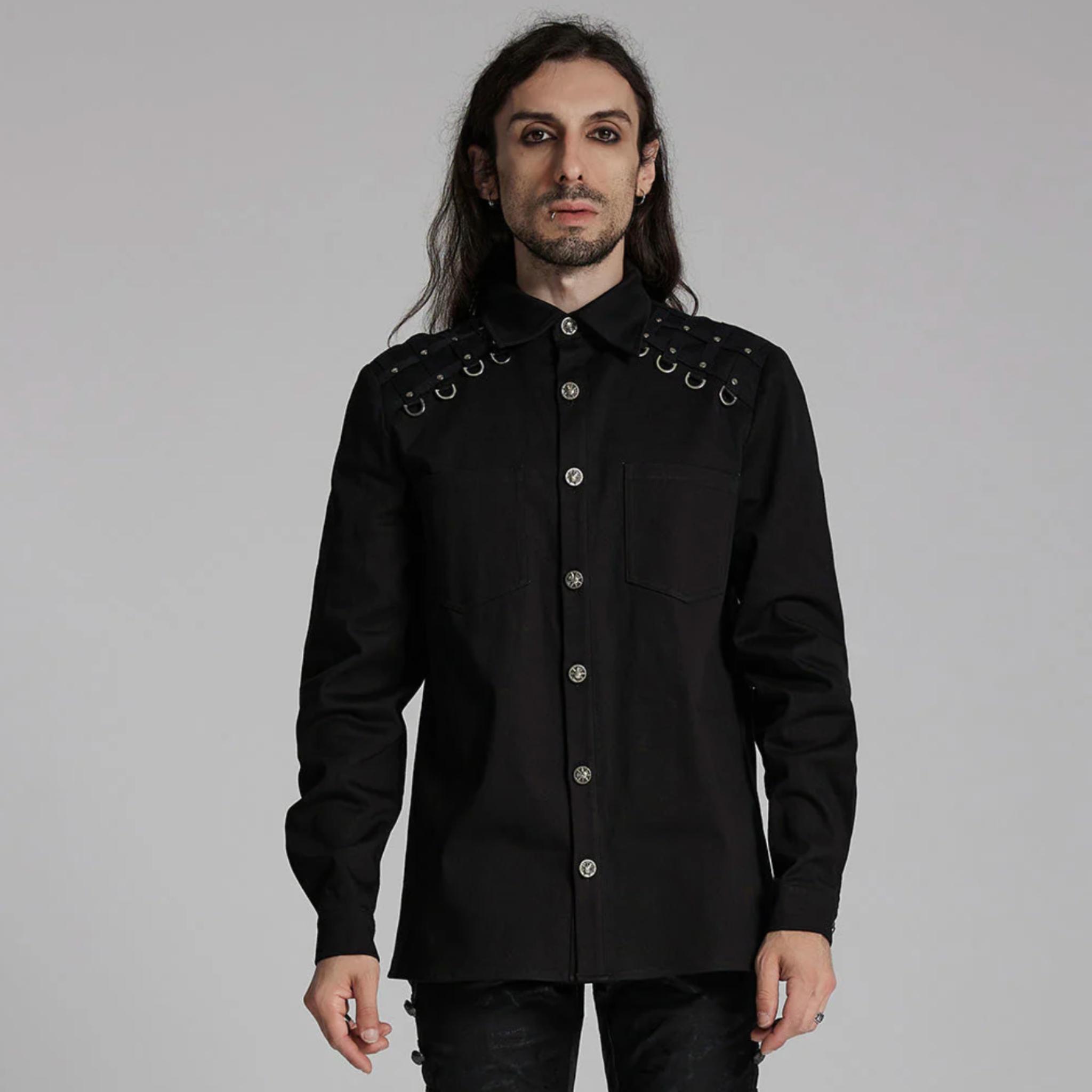 gothic black punk shirt rivet shirt button-up kent collar diamond shoulder pattern silver rivets d-rings press stud long sleeve waisted fit elastic fabric dark alternative fashion goth clothing edgy streetwear