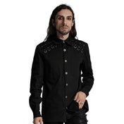 Cotton elastane apparel top shirt long-sleeve button-up kent-collar split-collar cotton-gore shoulder-lattice riveted button-placket ornate-button shank-button D-ring button-cuffs breast-pocket patch-pocket diamond-pattern edgy soft sleek polished durable stylish close-fit comfortable bold fashion alt-fashion alternative punk goth gothic cyber cyberpunk streetwear costume cosplay halloween afterdark-collection male masculine masc mens menswear guys dudes black