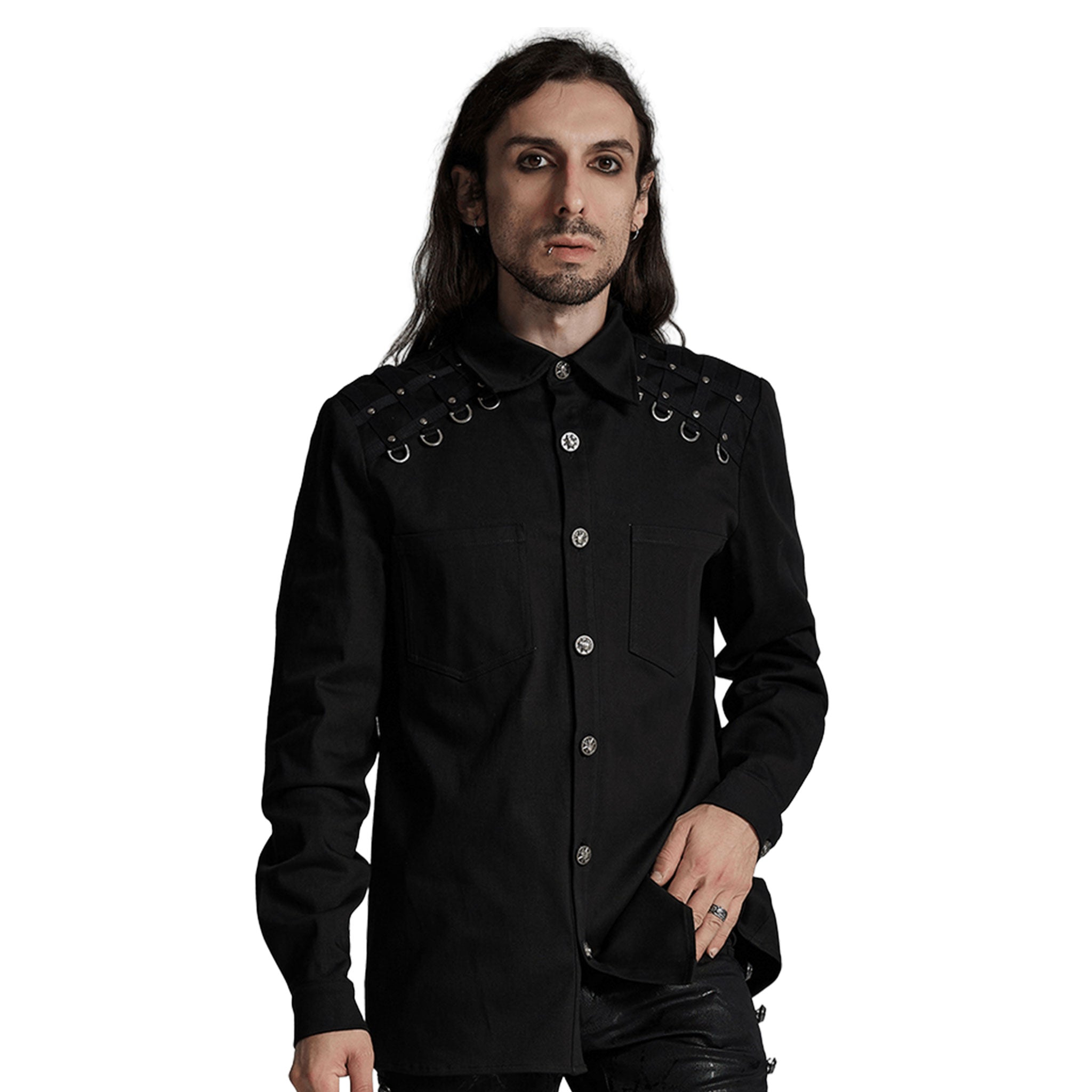 Cotton elastane apparel top shirt long-sleeve button-up kent-collar split-collar cotton-gore shoulder-lattice riveted button-placket ornate-button shank-button D-ring button-cuffs breast-pocket patch-pocket diamond-pattern edgy soft sleek polished durable stylish close-fit comfortable bold fashion alt-fashion alternative punk goth gothic cyber cyberpunk streetwear costume cosplay halloween afterdark-collection male masculine masc mens menswear guys dudes black