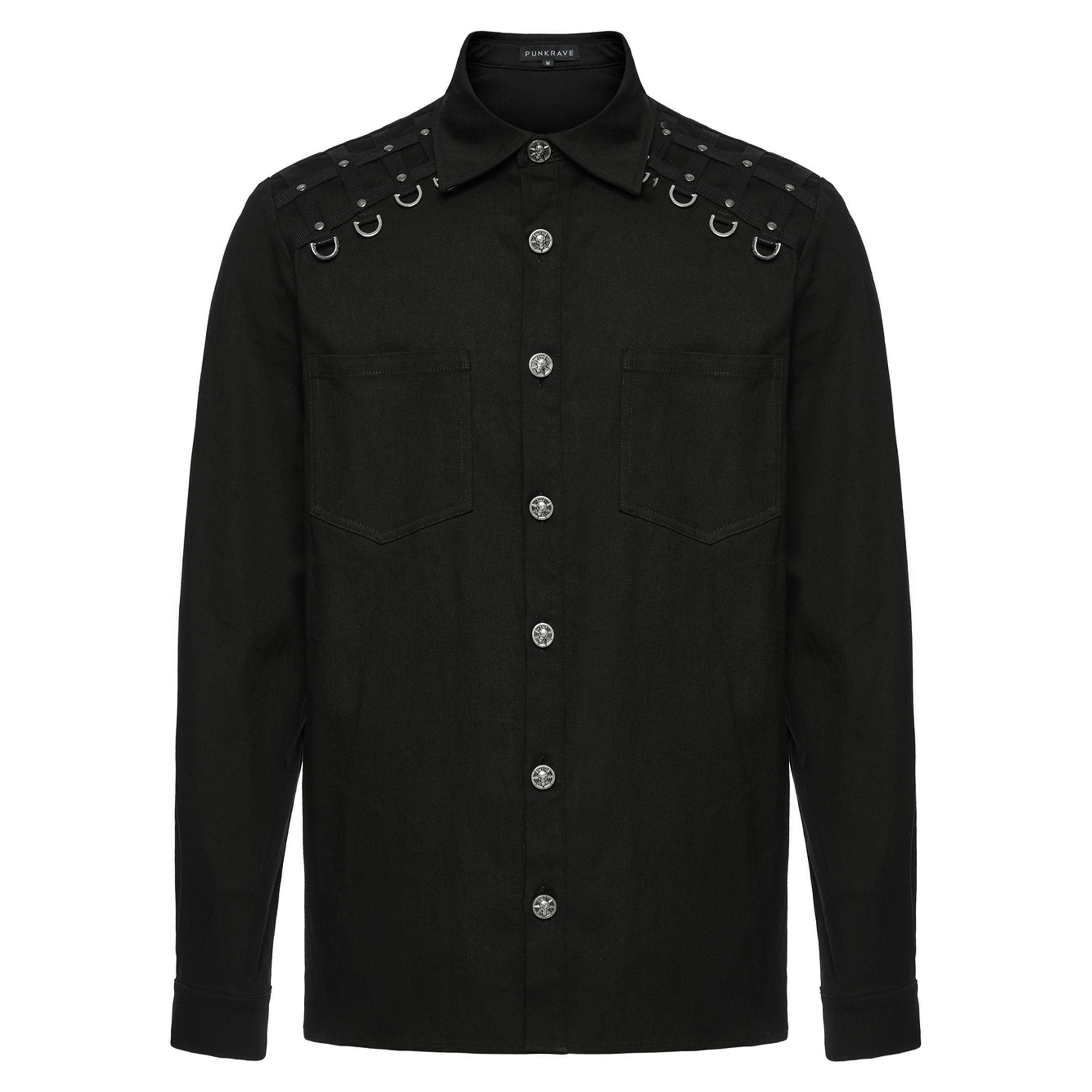 Cotton elastane apparel top shirt long-sleeve button-up kent-collar split-collar cotton-gore shoulder-lattice riveted button-placket ornate-button shank-button D-ring button-cuffs breast-pocket patch-pocket diamond-pattern edgy soft sleek polished durable stylish close-fit comfortable bold fashion alt-fashion alternative punk goth gothic cyber cyberpunk streetwear costume cosplay halloween afterdark-collection male masculine masc mens menswear guys dudes black