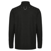 Cotton elastane apparel top shirt long-sleeve button-up kent-collar split-collar cotton-gore shoulder-lattice riveted button-placket ornate-button shank-button D-ring button-cuffs breast-pocket patch-pocket diamond-pattern edgy soft sleek polished durable stylish close-fit comfortable bold fashion alt-fashion alternative punk goth gothic cyber cyberpunk streetwear costume cosplay halloween afterdark-collection male masculine masc mens menswear guys dudes black