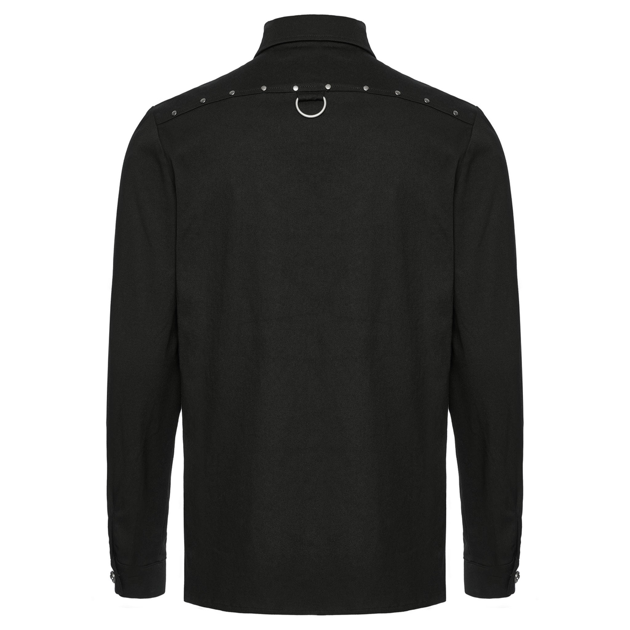 Cotton elastane apparel top shirt long-sleeve button-up kent-collar split-collar cotton-gore shoulder-lattice riveted button-placket ornate-button shank-button D-ring button-cuffs breast-pocket patch-pocket diamond-pattern edgy soft sleek polished durable stylish close-fit comfortable bold fashion alt-fashion alternative punk goth gothic cyber cyberpunk streetwear costume cosplay halloween afterdark-collection male masculine masc mens menswear guys dudes black