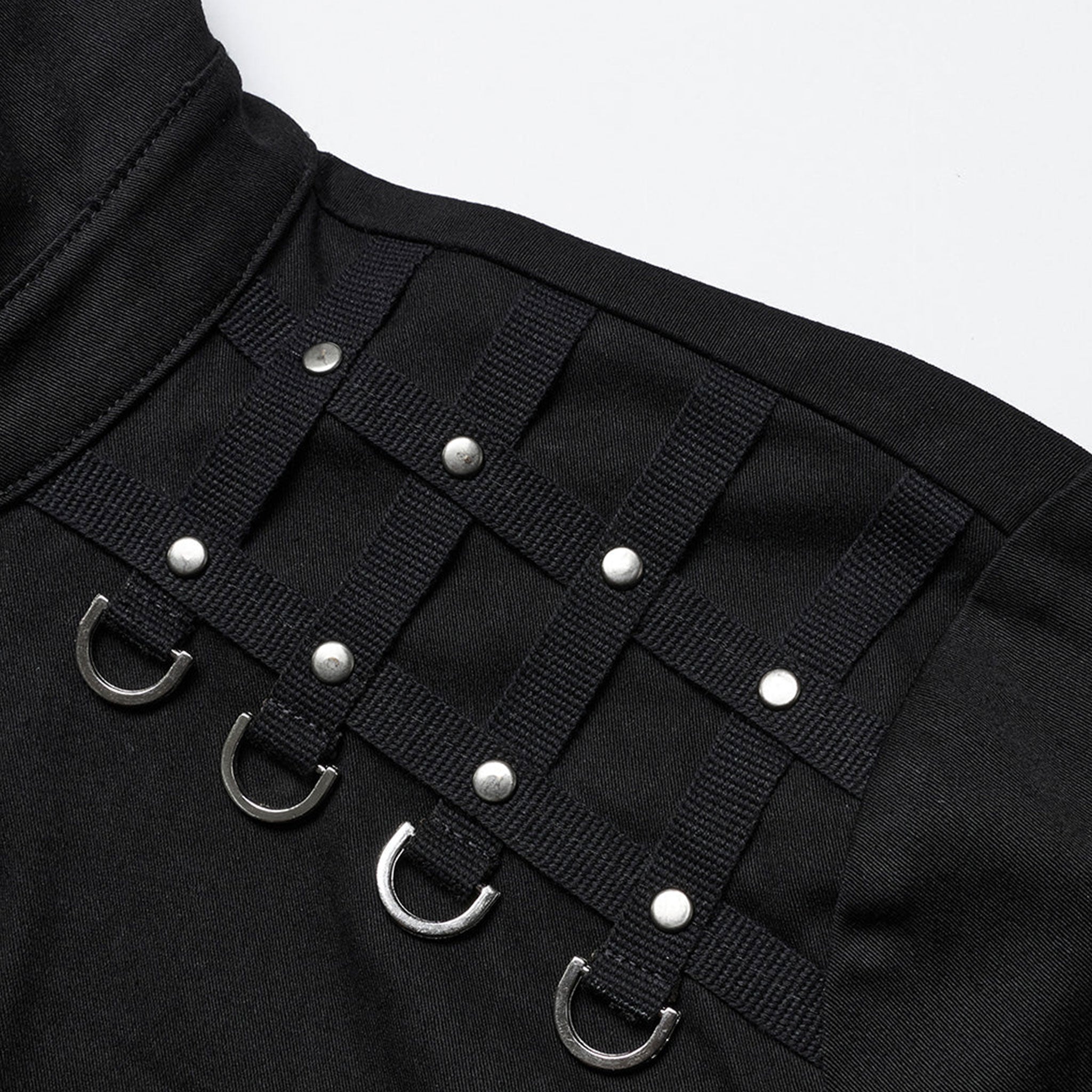 Cotton elastane apparel top shirt long-sleeve button-up kent-collar split-collar cotton-gore shoulder-lattice riveted button-placket ornate-button shank-button D-ring button-cuffs breast-pocket patch-pocket diamond-pattern edgy soft sleek polished durable stylish close-fit comfortable bold fashion alt-fashion alternative punk goth gothic cyber cyberpunk streetwear costume cosplay halloween afterdark-collection male masculine masc mens menswear guys dudes black
