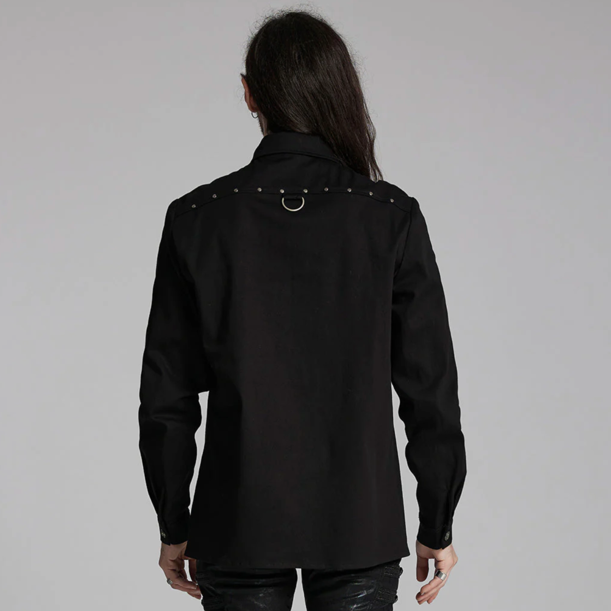 gothic black punk shirt rivet shirt button-up kent collar diamond shoulder pattern silver rivets d-rings press stud long sleeve waisted fit elastic fabric dark alternative fashion goth clothing edgy streetwear