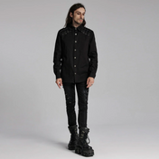 gothic black punk shirt rivet shirt button-up kent collar diamond shoulder pattern silver rivets d-rings press stud long sleeve waisted fit elastic fabric dark alternative fashion goth clothing edgy streetwear