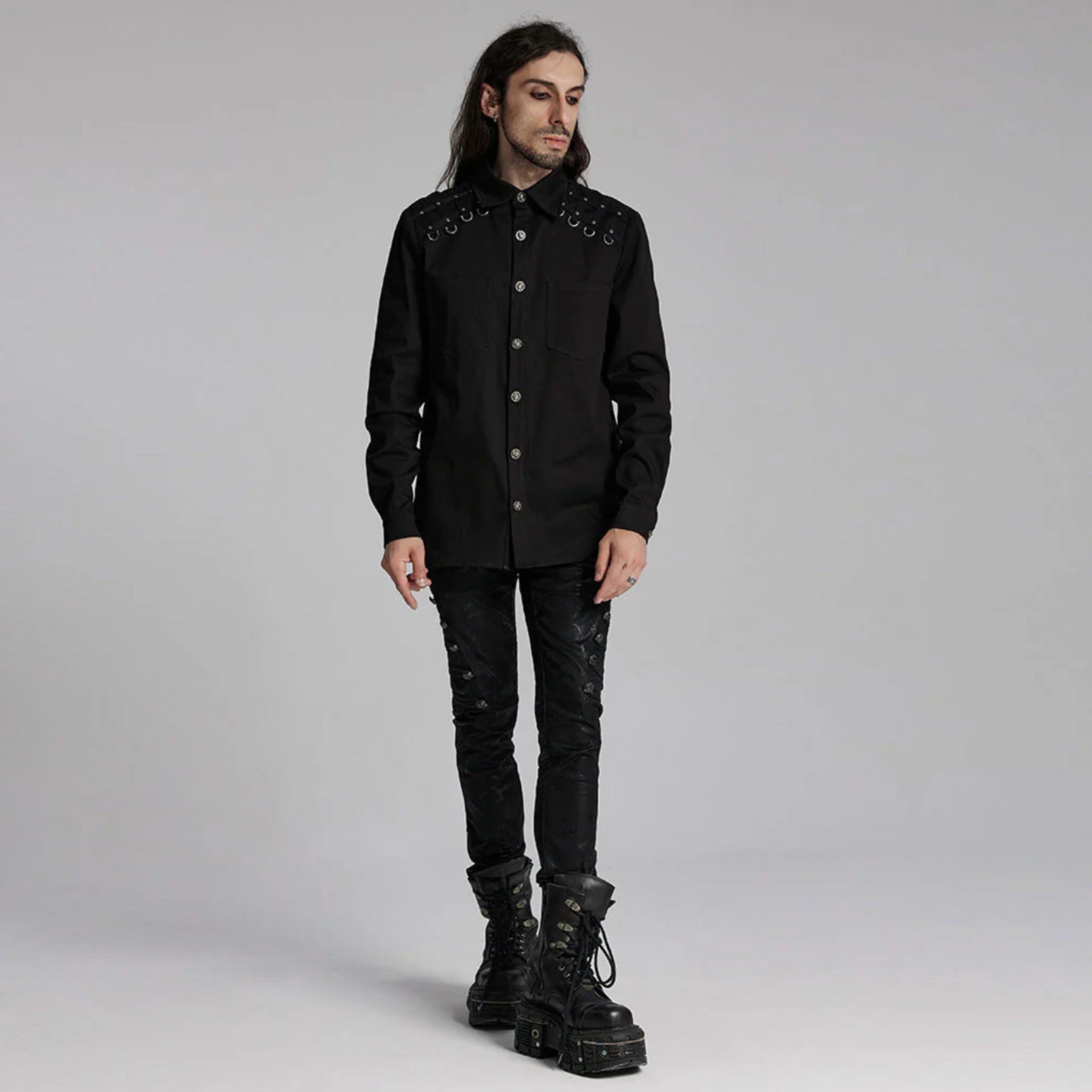 gothic black punk shirt rivet shirt button-up kent collar diamond shoulder pattern silver rivets d-rings press stud long sleeve waisted fit elastic fabric dark alternative fashion goth clothing edgy streetwear