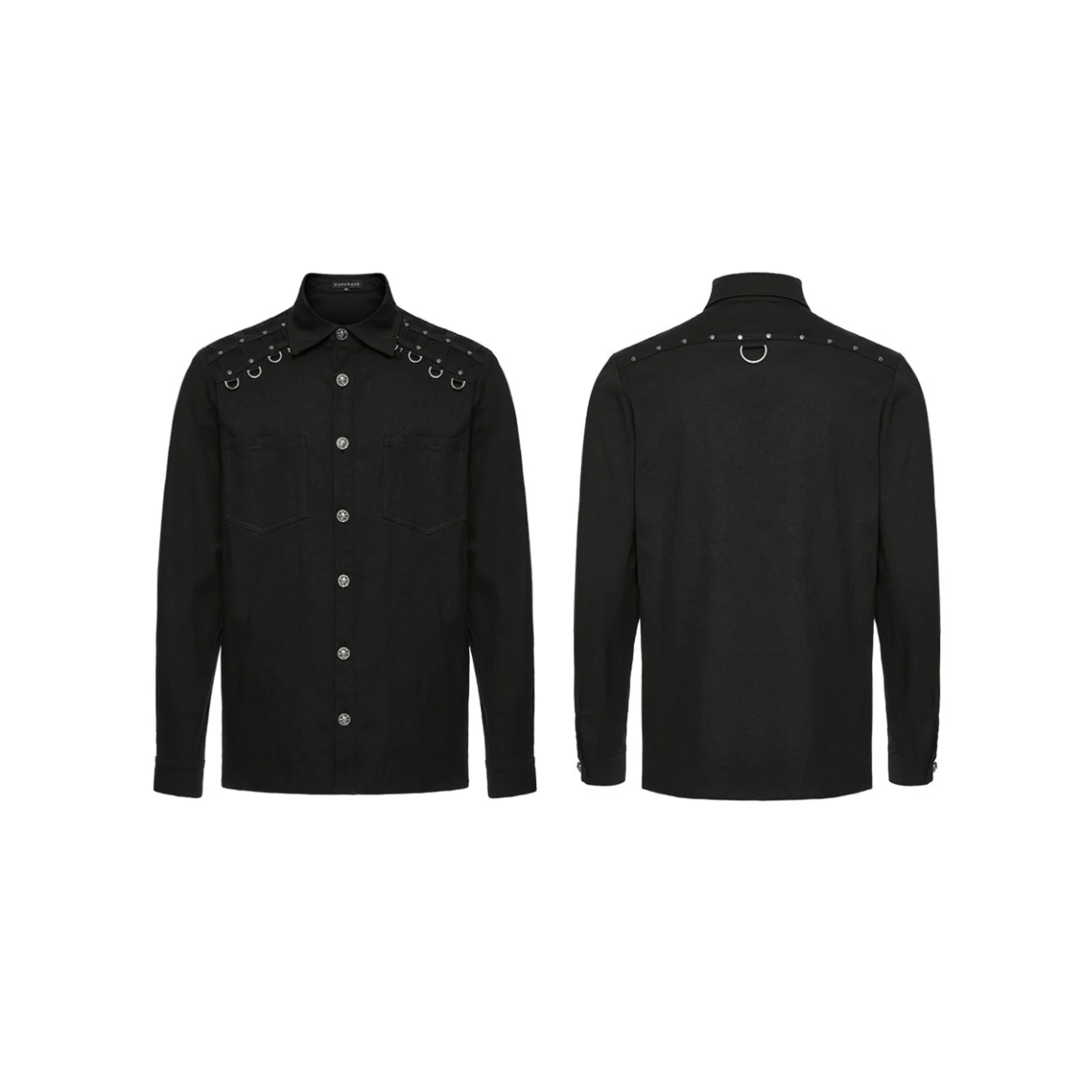 gothic black punk shirt rivet shirt button-up kent collar diamond shoulder pattern silver rivets d-rings press stud long sleeve waisted fit elastic fabric dark alternative fashion goth clothing edgy streetwear