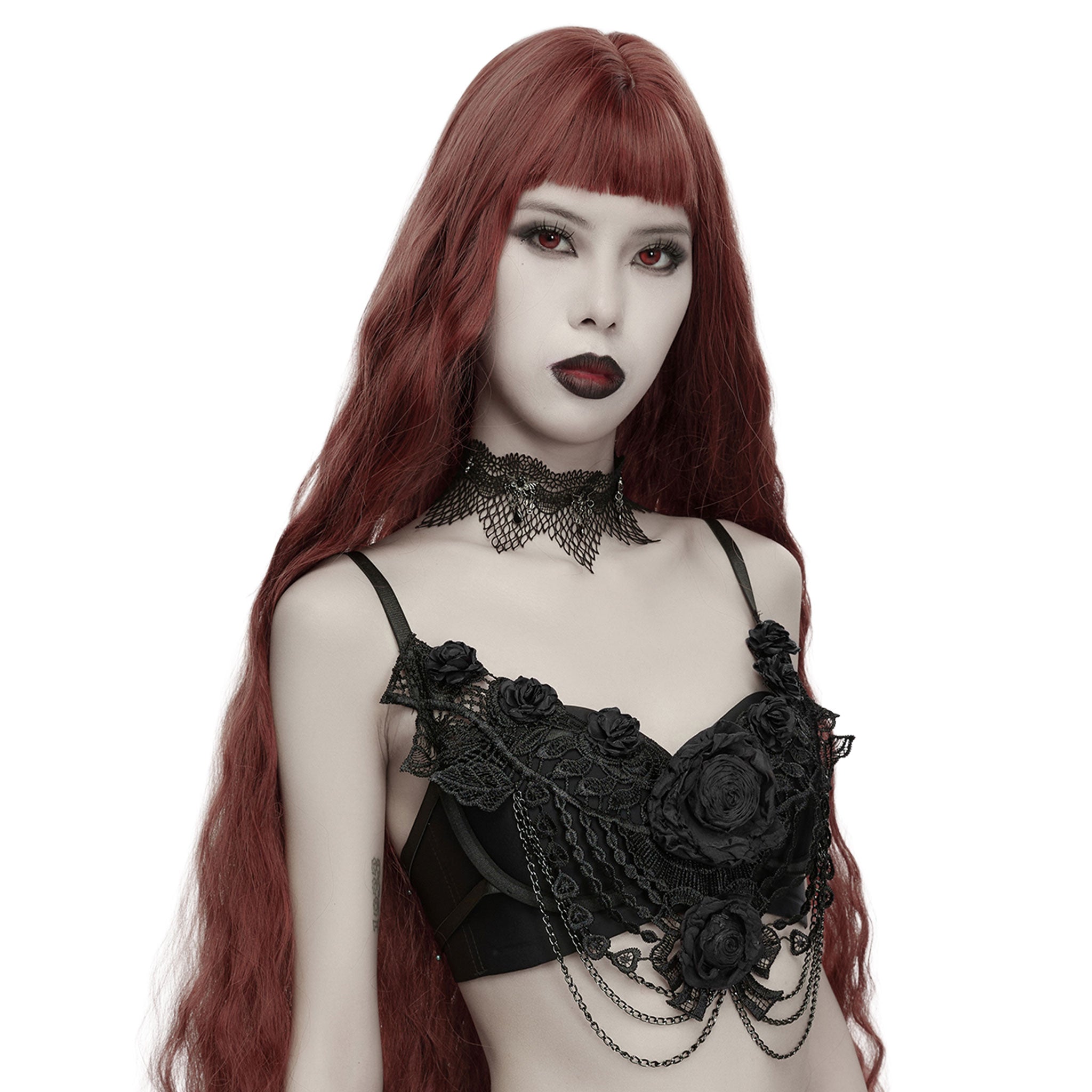 Lace sheer semi-transparent polyester polyamide chain apparel top intimates lingerie bra bralette hanging-chains floral-lace 3d-rose crop-top rose-accent sleeveless adjustable shoulder-straps intricate layered lightweight breathable stretchy ethereal edgy punk goth gothic dark rave raver-babe romantic darkwave festival costume cosplay halloween halloween-accessories afterdark-collection female femme feminine womens black