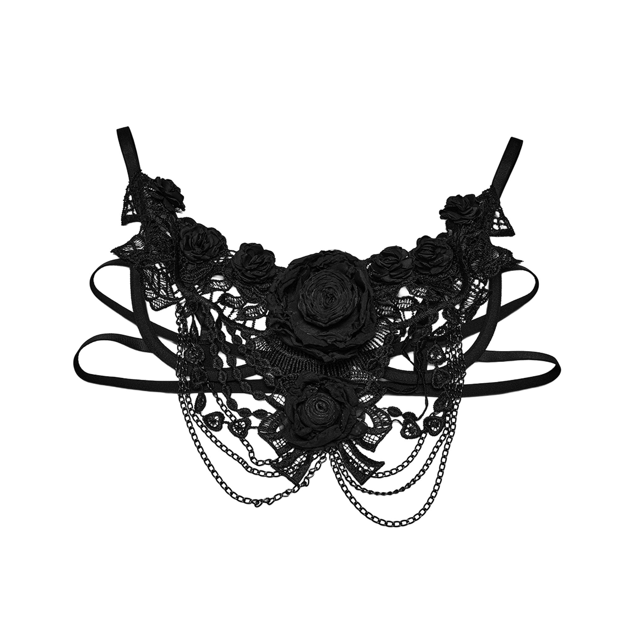Lace sheer semi-transparent polyester polyamide chain apparel top intimates lingerie bra bralette hanging-chains floral-lace 3d-rose crop-top rose-accent sleeveless adjustable shoulder-straps intricate layered lightweight breathable stretchy ethereal edgy punk goth gothic dark rave raver-babe romantic darkwave festival costume cosplay halloween halloween-accessories afterdark-collection female femme feminine womens black