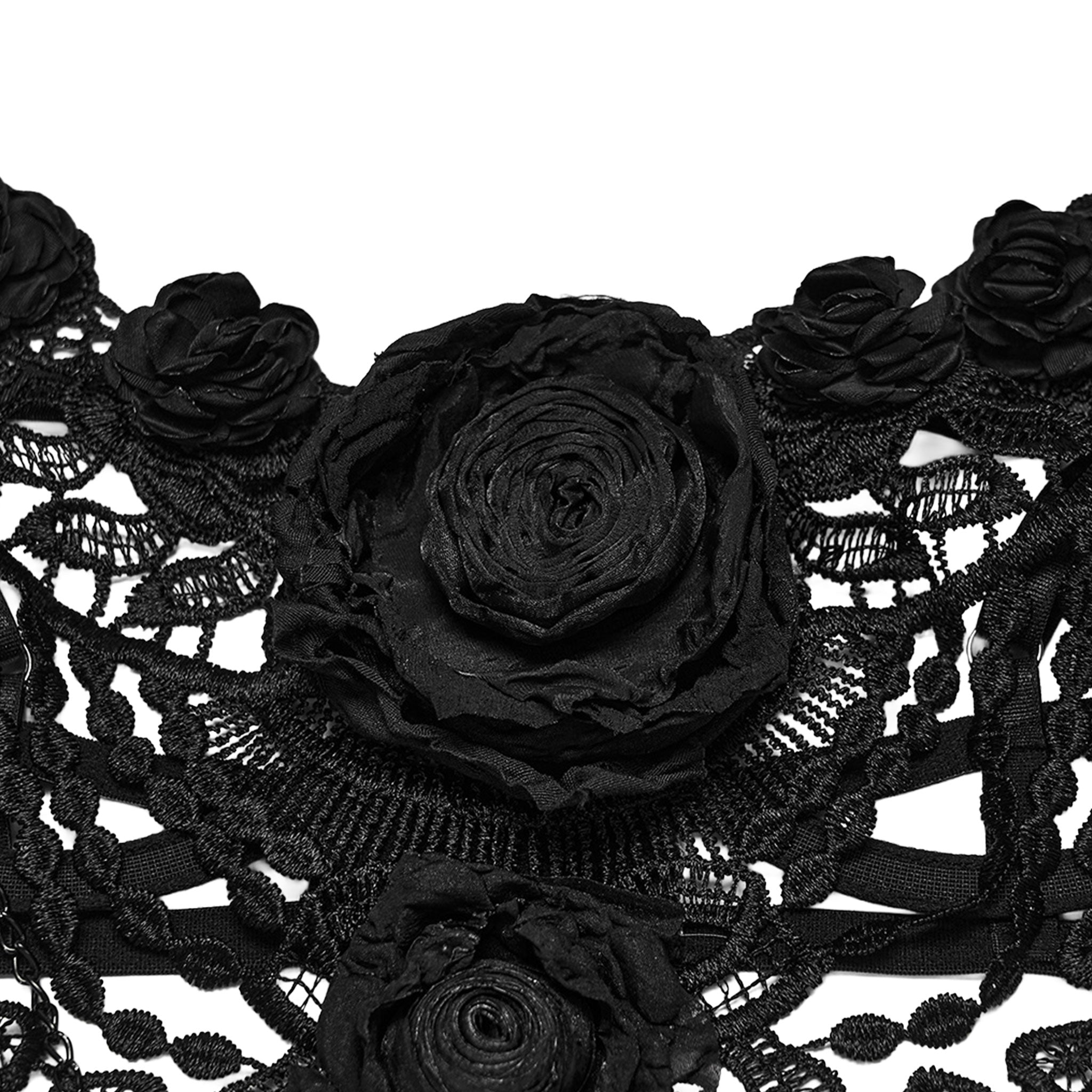 Lace sheer semi-transparent polyester polyamide chain apparel top intimates lingerie bra bralette hanging-chains floral-lace 3d-rose crop-top rose-accent sleeveless adjustable shoulder-straps intricate layered lightweight breathable stretchy ethereal edgy punk goth gothic dark rave raver-babe romantic darkwave festival costume cosplay halloween halloween-accessories afterdark-collection female femme feminine womens black