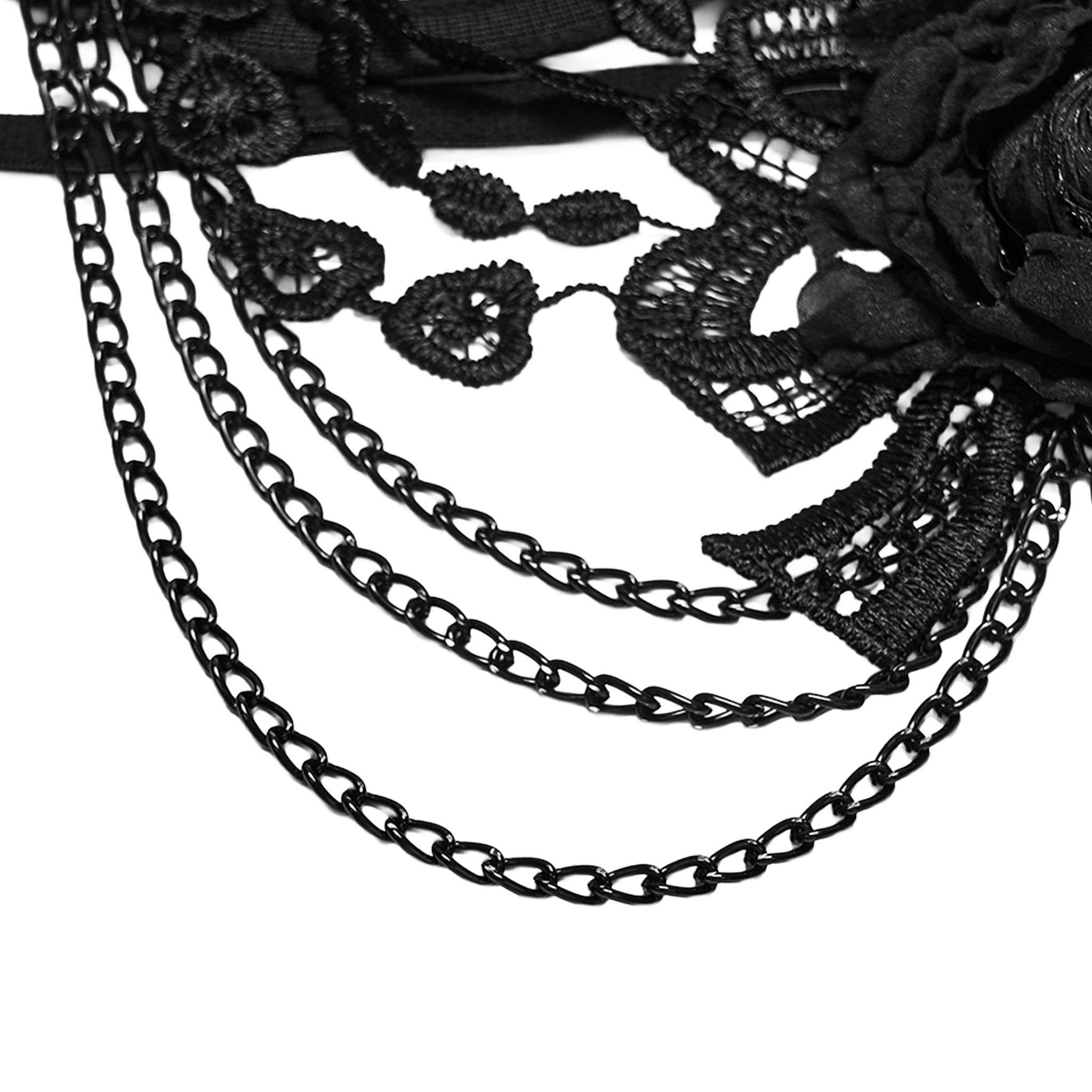 Lace sheer semi-transparent polyester polyamide chain apparel top intimates lingerie bra bralette hanging-chains floral-lace 3d-rose crop-top rose-accent sleeveless adjustable shoulder-straps intricate layered lightweight breathable stretchy ethereal edgy punk goth gothic dark rave raver-babe romantic darkwave festival costume cosplay halloween halloween-accessories afterdark-collection female femme feminine womens black