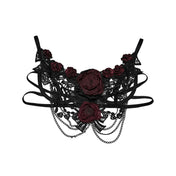 Lace sheer semi-transparent polyester polyamide chain apparel top intimates lingerie bra bralette hanging-chains floral-lace 3d-rose crop-top rose-accent sleeveless adjustable shoulder-straps intricate layered lightweight breathable stretchy ethereal edgy punk goth gothic dark rave raver-babe romantic darkwave festival costume cosplay halloween halloween-accessories afterdark-collection female femme feminine womens black-red